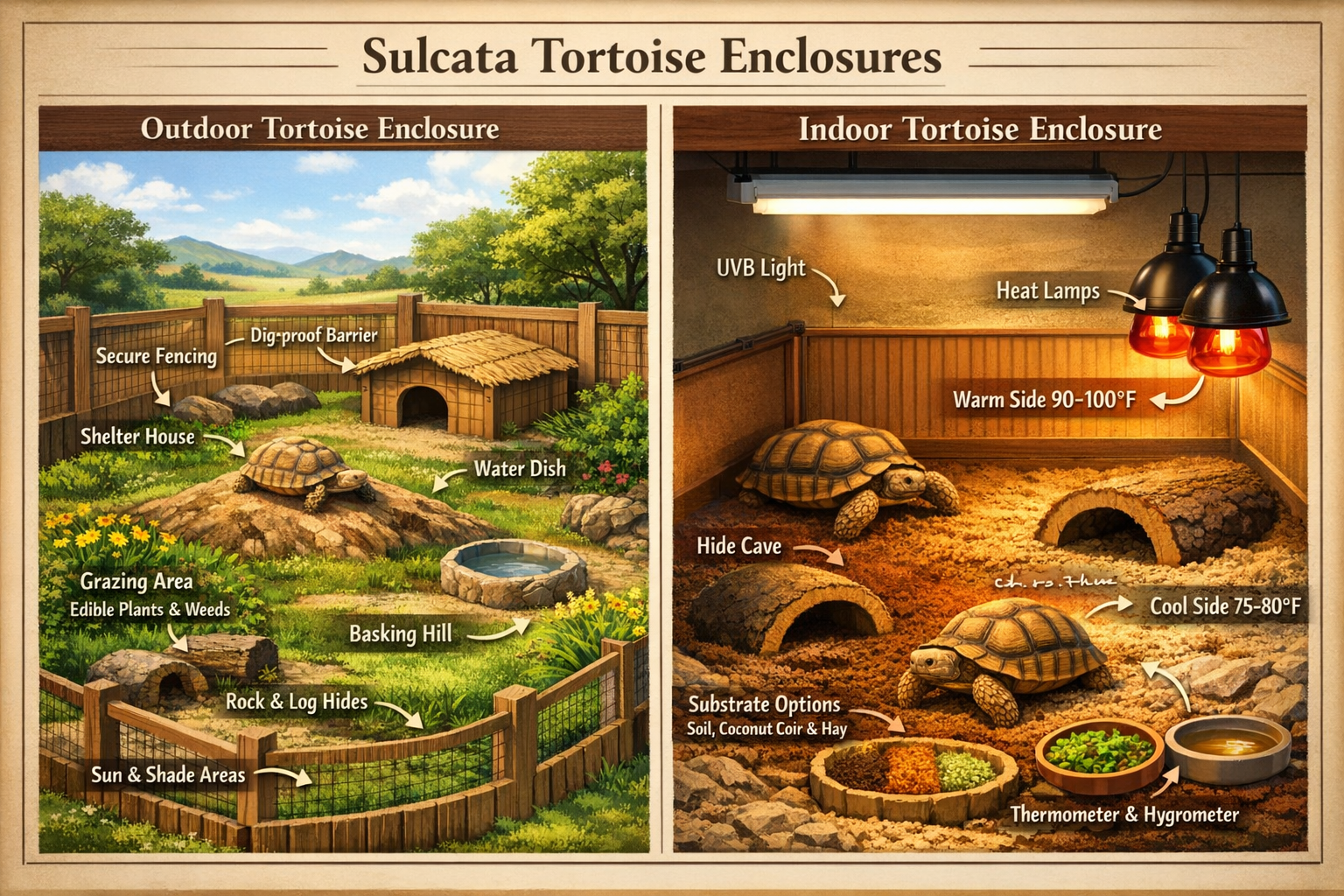 Comprehensive habitat setup visualization showing both indoor and outdoor Sulcata tortoise enclosures. Left panel displays spacious outdoor 
