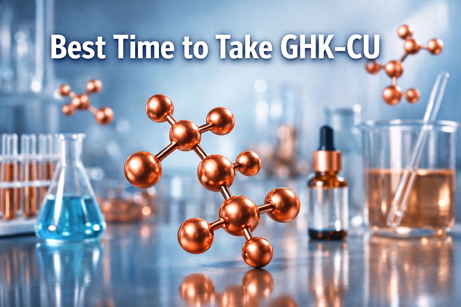 Professional landscape format (1536x1024) hero image with bold text overlay 'Best Time to Take GHK-CU' in 72pt white sans-serif font with da