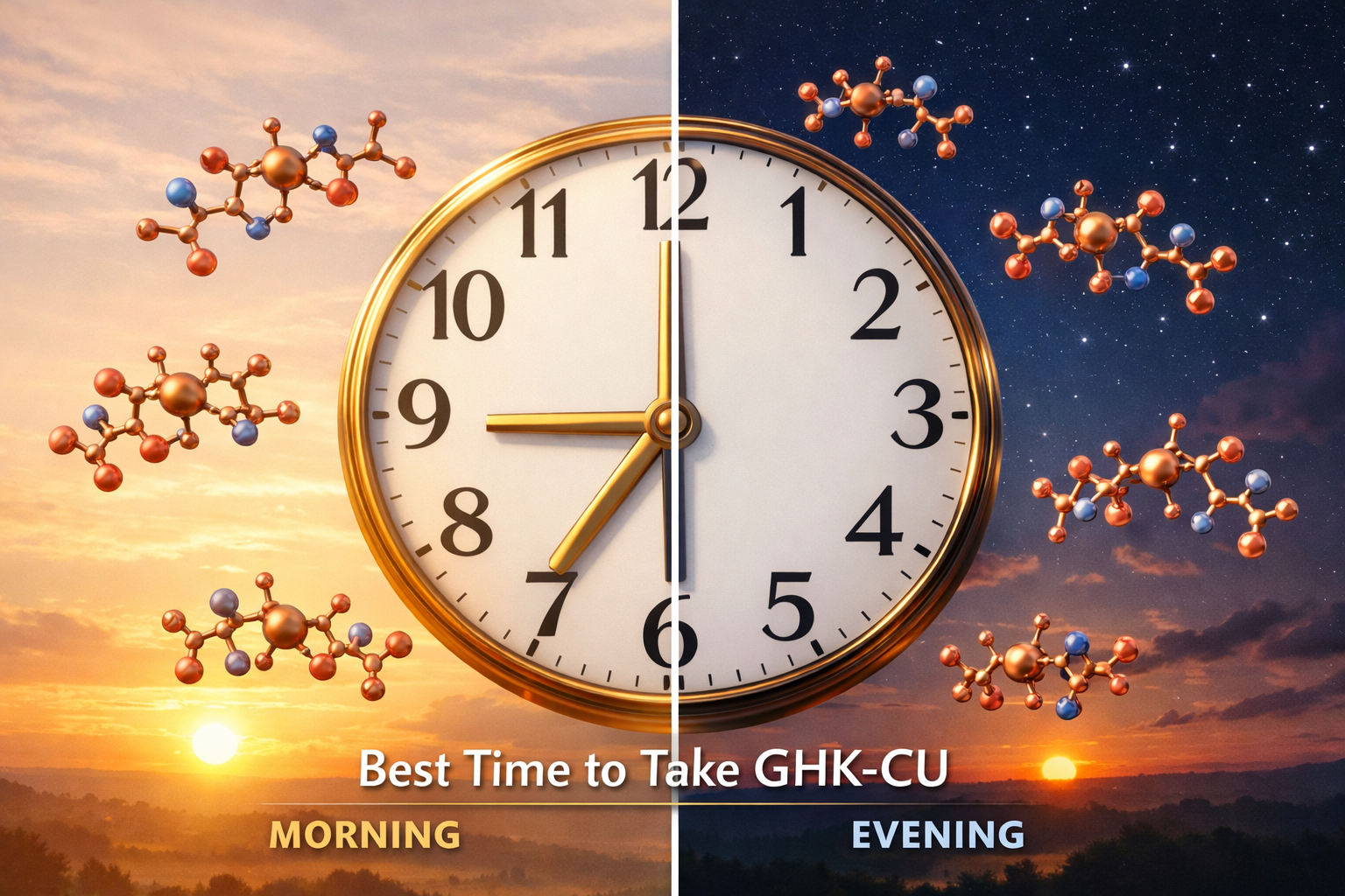 Detailed landscape format (1536x1024) image showing elegant clock face at golden hour with copper-colored GHK-CU peptide molecules floating 