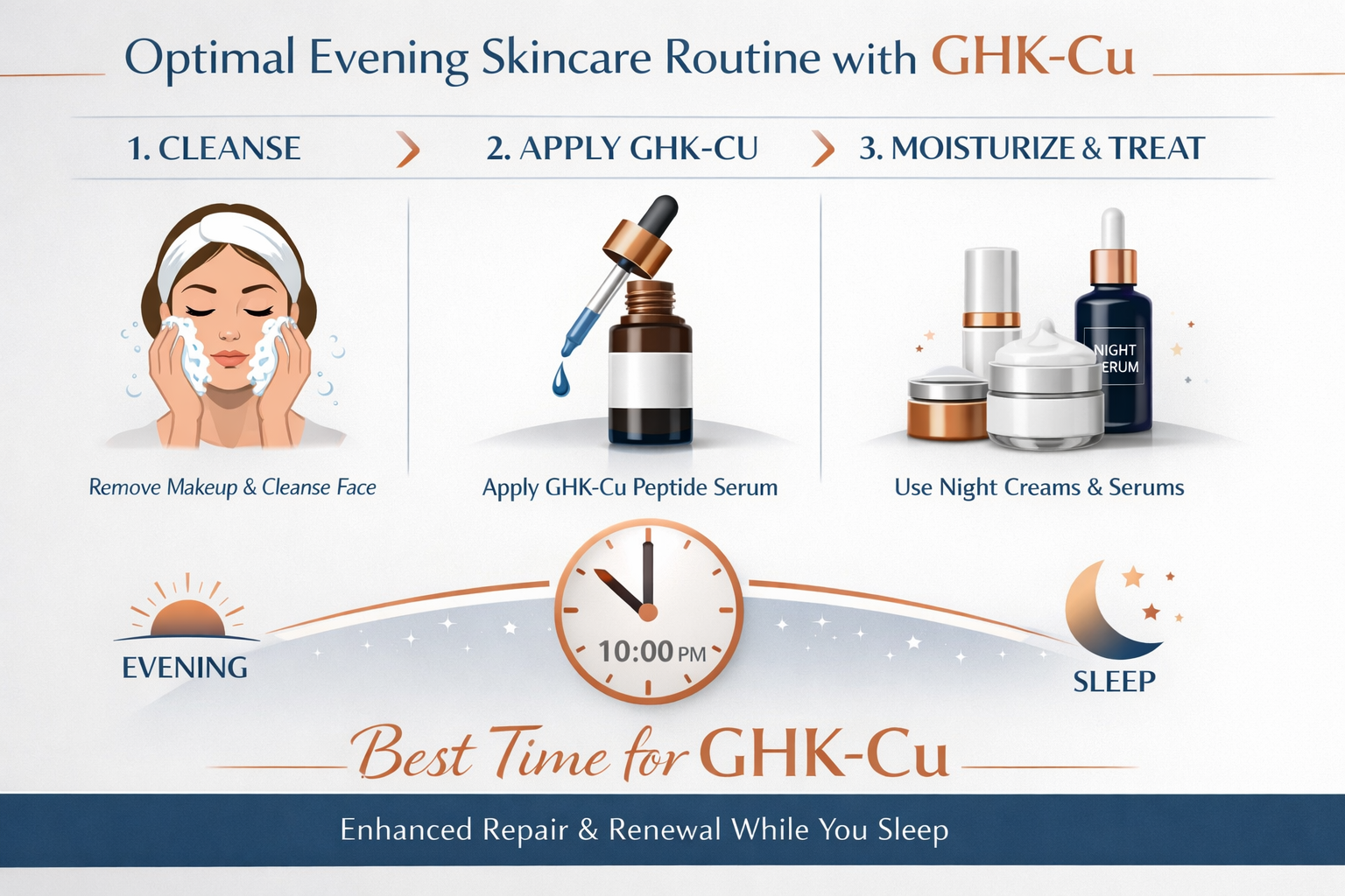 Professional landscape format (1536x1024) infographic showing skincare routine timeline with GHK-CU application sequence, clean modern desig