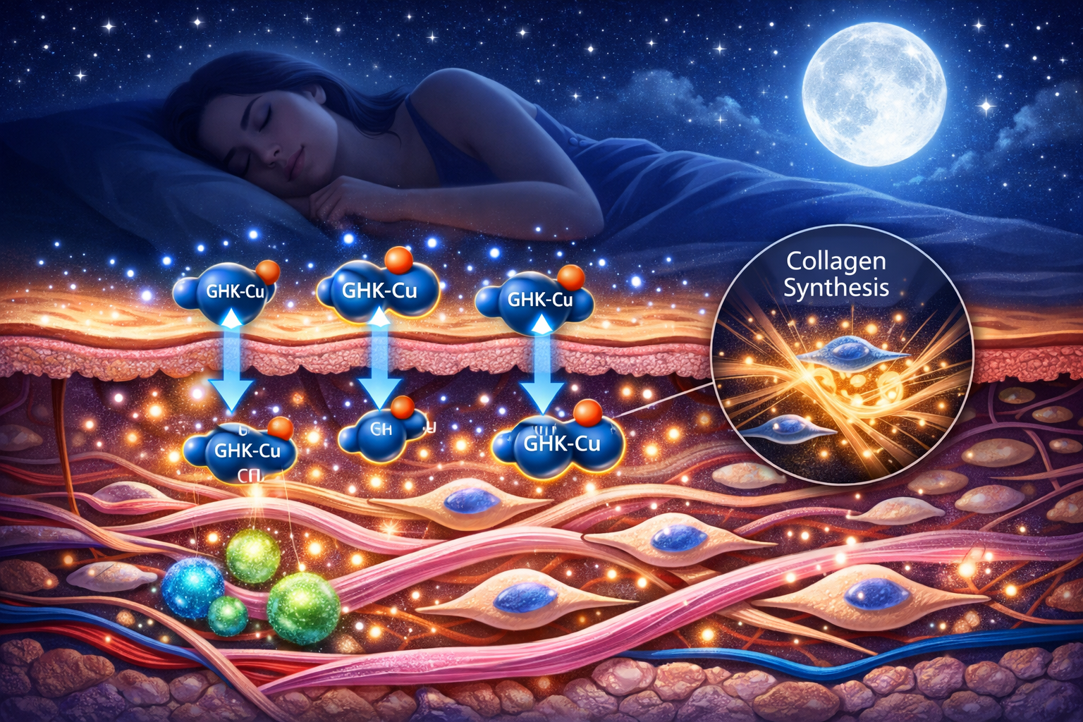 Detailed landscape format (1536x1024) scientific illustration showing cellular regeneration process during nighttime hours, copper peptide m