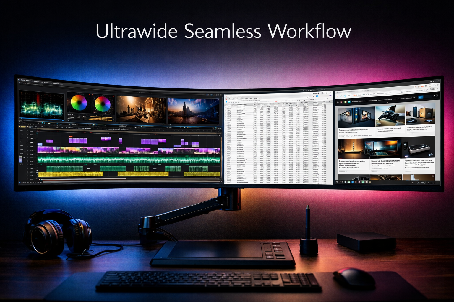 Stunning editorial photograph (1536x1024) of curved 49-inch ultrawide monitor displaying seamless panoramic workspace with video editing tim
