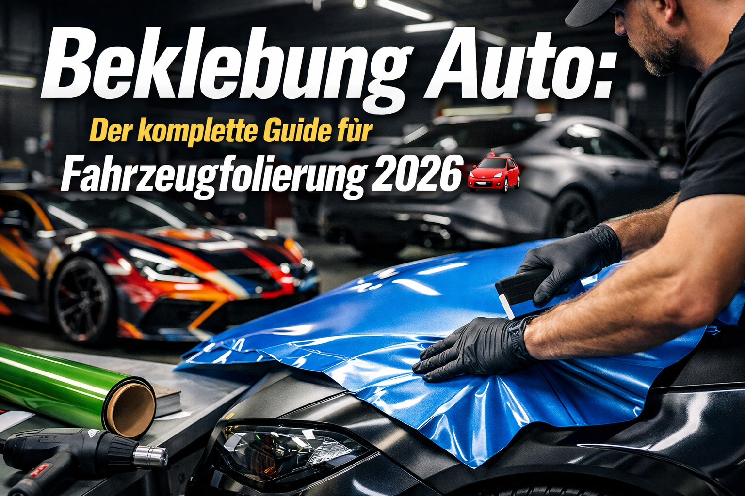 Professional hero image with bold text overlay: "Beklebung Auto: Der komplette Guide für Fahrzeugfolierung 2026 🚗". Modern design, high con