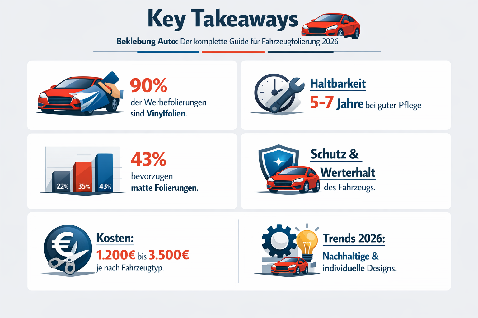 Professional infographic for article "Beklebung Auto: Der komplette Guide für Fahrzeugfolierung 2026 🚗", section: "Key Takeaways". Include 