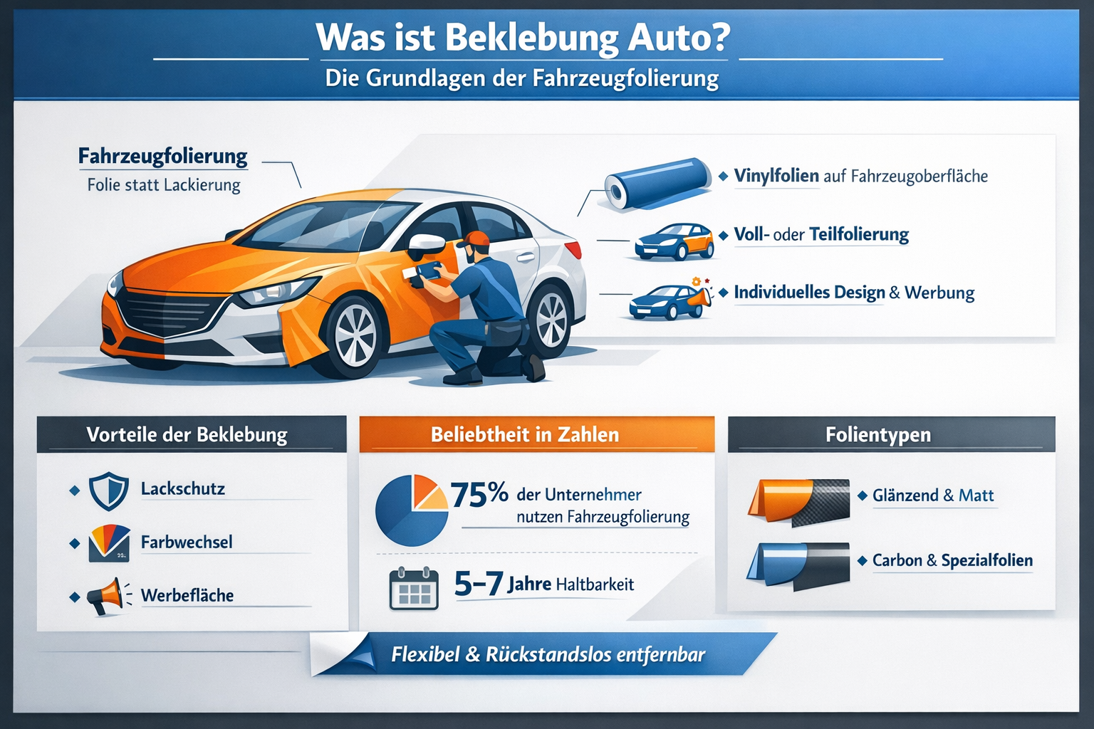 Professional infographic for article "Beklebung Auto: Der komplette Guide für Fahrzeugfolierung 2026 🚗", section: "Was ist Beklebung Auto? 
