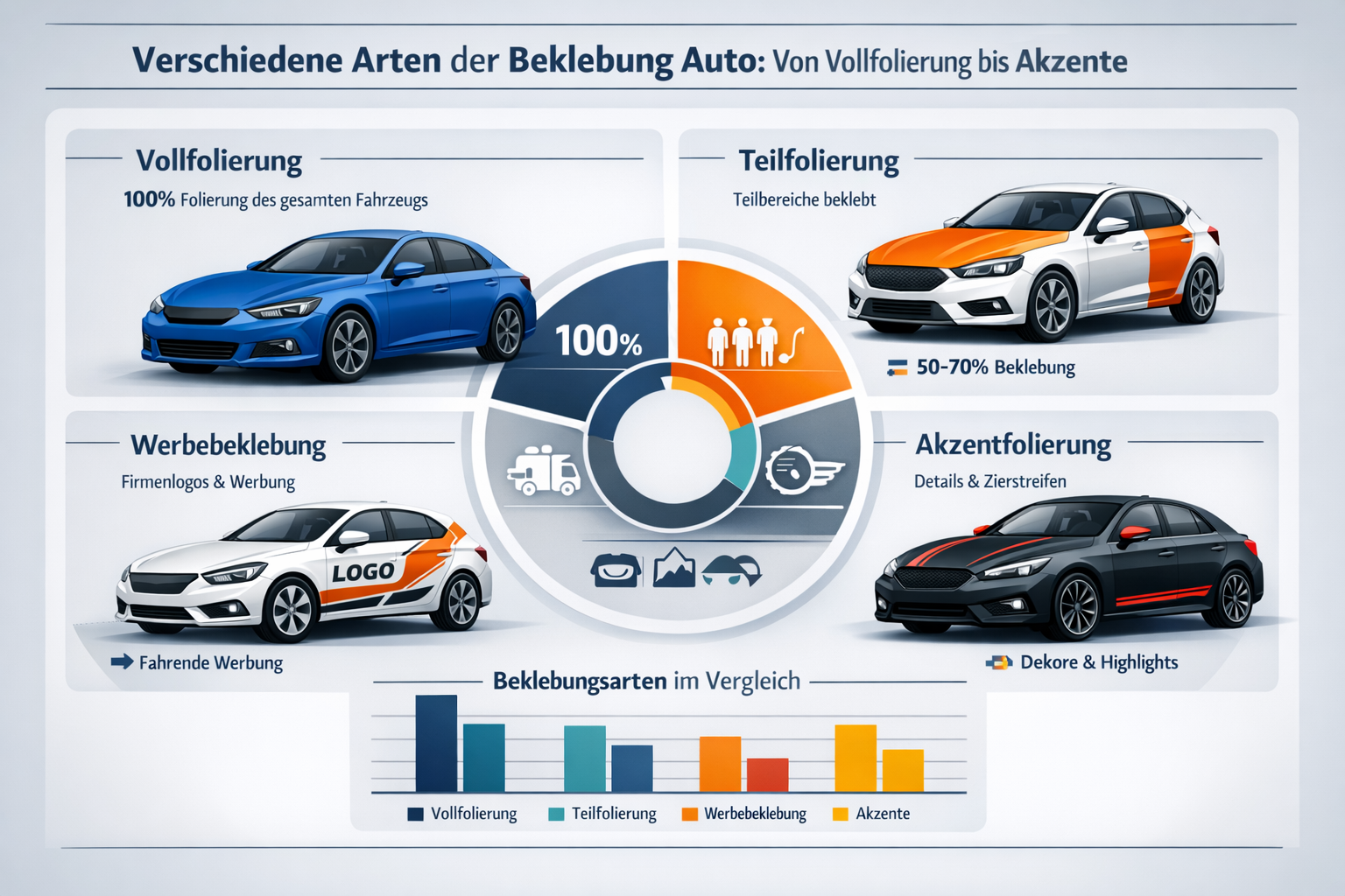 Professional infographic for article "Beklebung Auto: Der komplette Guide für Fahrzeugfolierung 2026 🚗", section: "Verschiedene Arten der B