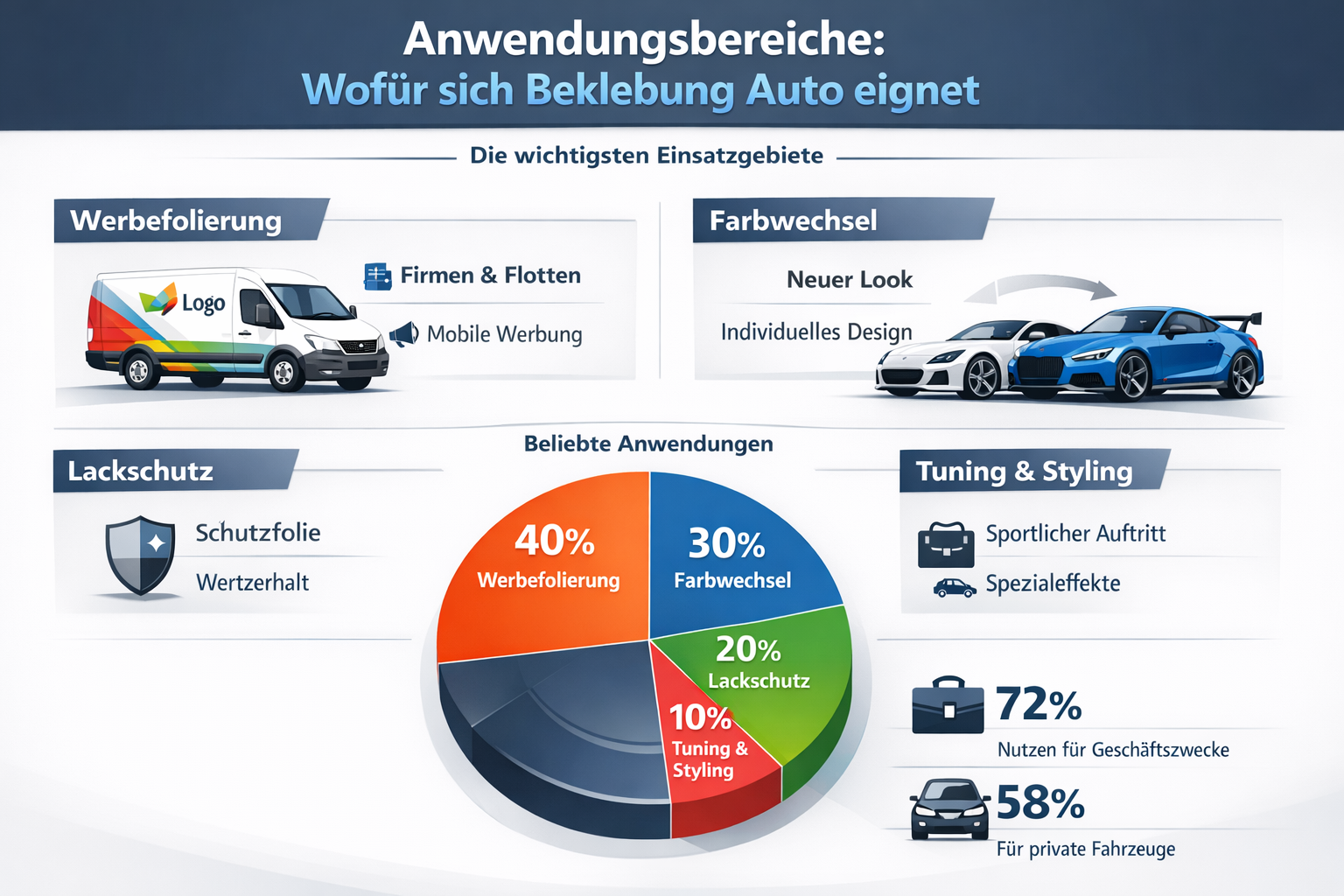 Professional infographic for article "Beklebung Auto: Der komplette Guide für Fahrzeugfolierung 2026 🚗", section: "Anwendungsbereiche: Wofü