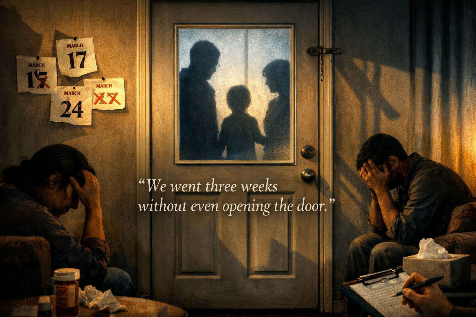 Landscape format (1536x1024) emotionally powerful image depicting immigrant family trauma and resilience, showing closed front door from int