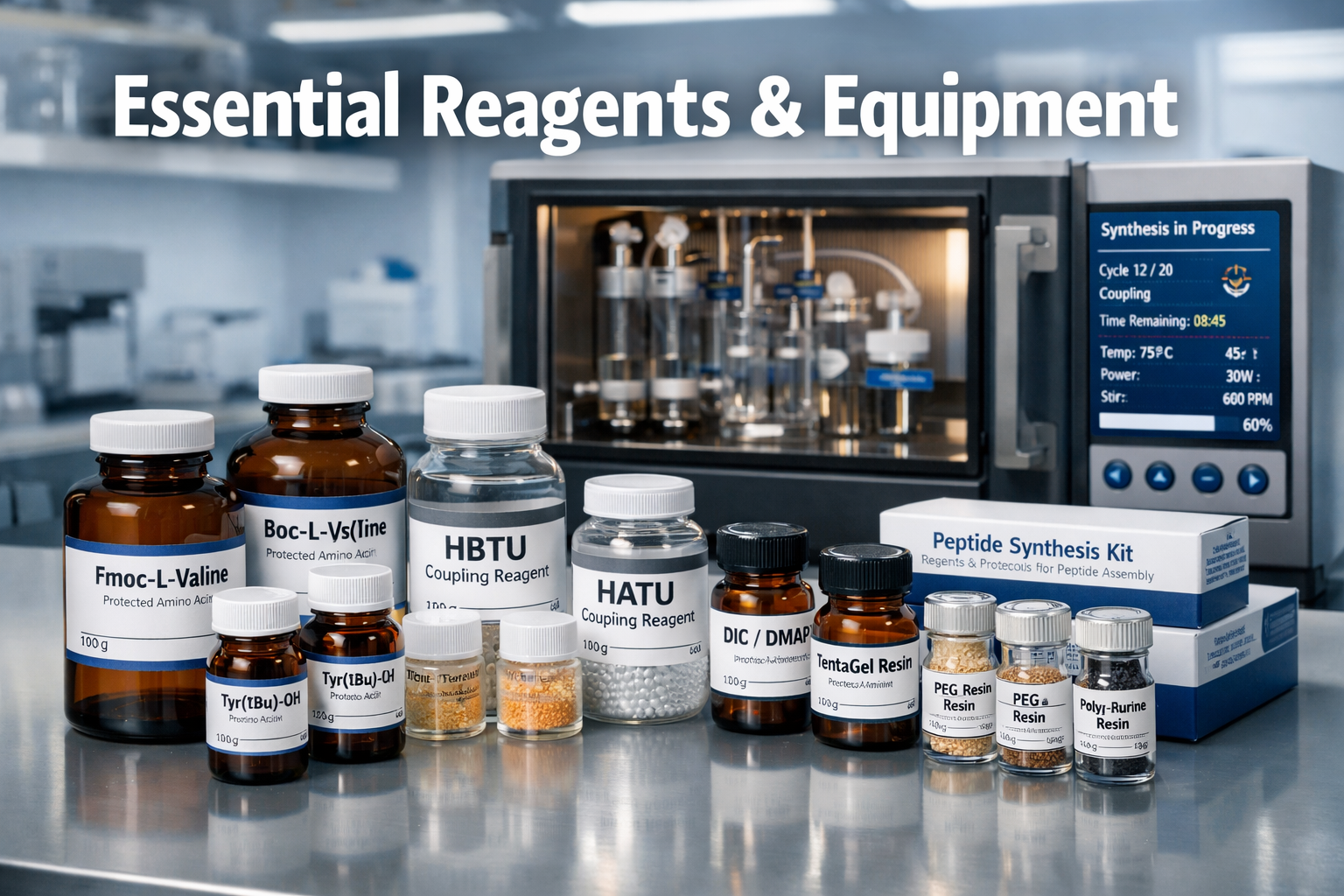 Landscape format (1536x1024) image showcasing various peptide reagent bottles and synthesis kits arranged on laboratory bench. Display prote