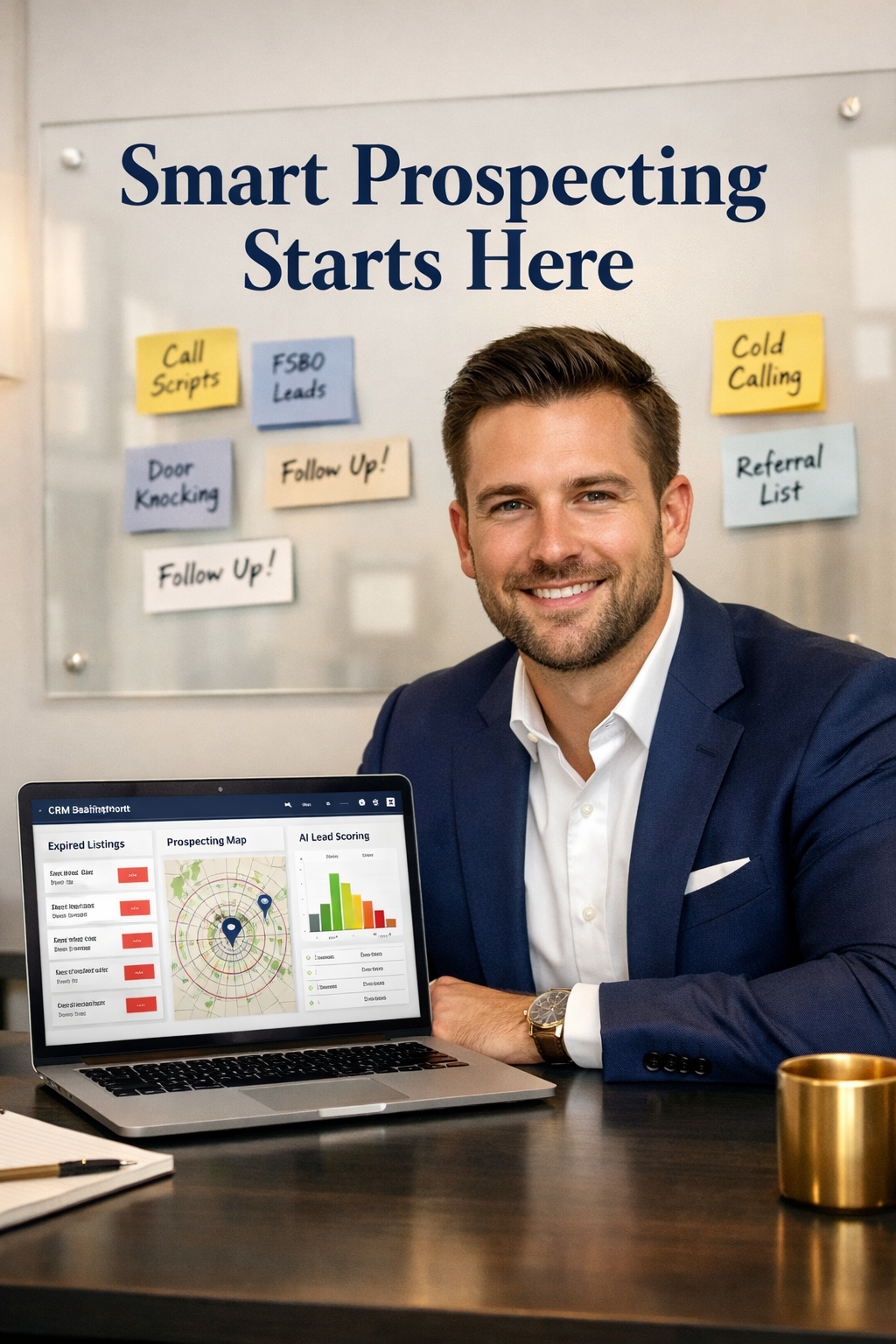 Photorealistic, high-resolution photography, Portrait/Pinterest format (1024x1536) showing a real estate agent at a sleek desk with a laptop