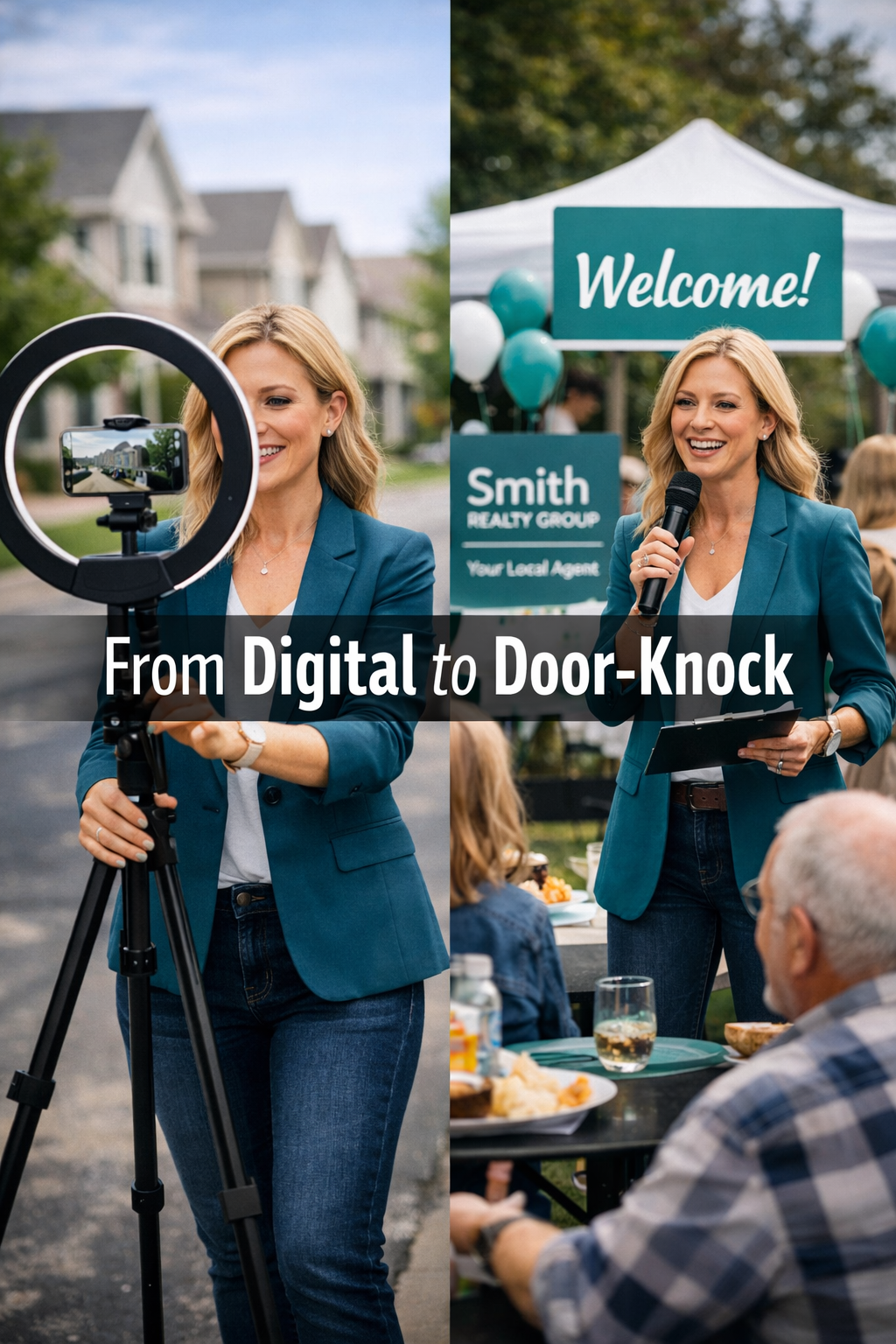 Photorealistic, high-resolution photography, Portrait/Pinterest format (1024x1536) illustrating a split-scene: left side shows a real estate