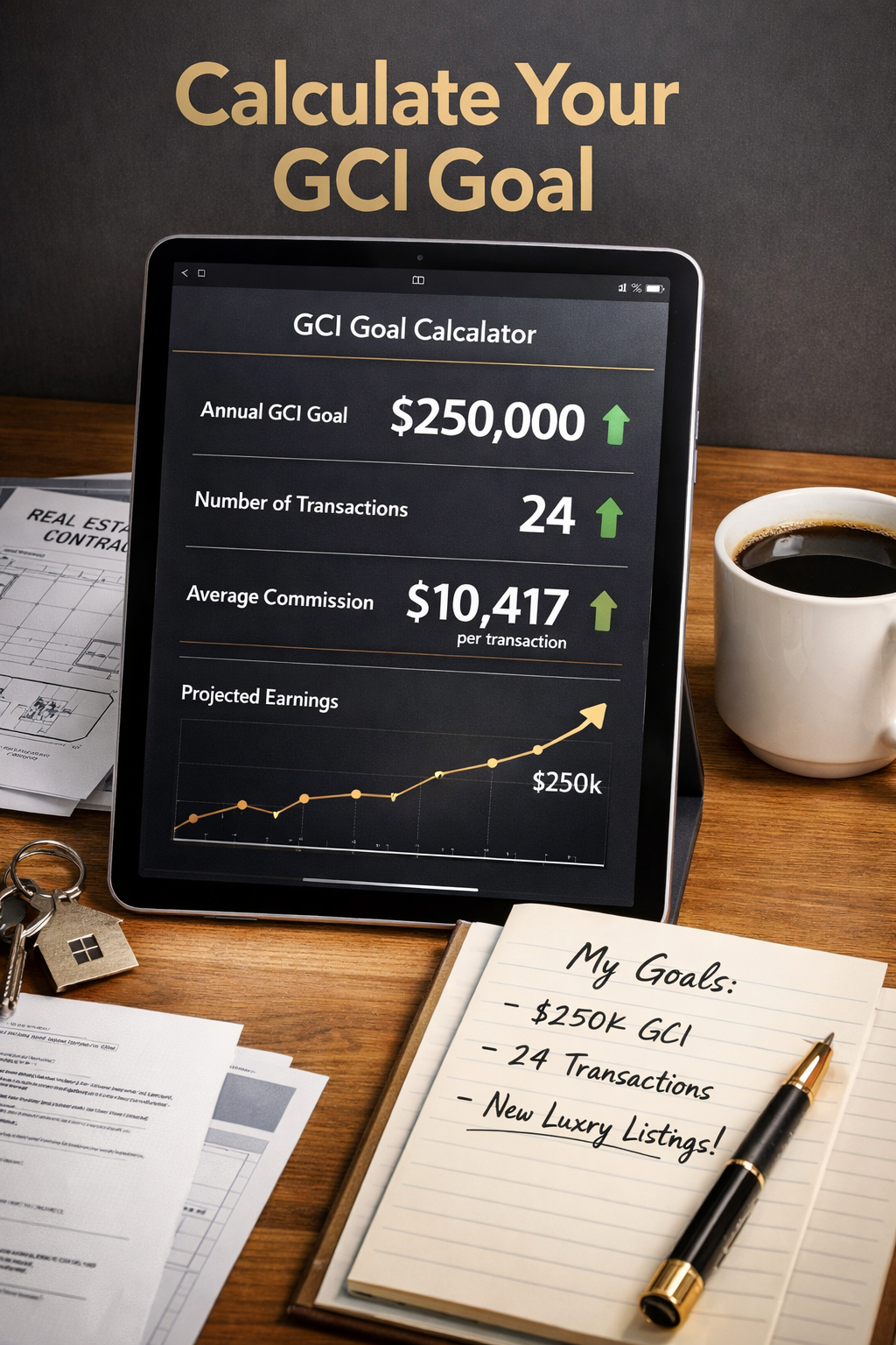 Photorealistic, high-resolution photography, Portrait/Pinterest format (1024x1536) depicting a GCI goal calculator on a tablet screen showin