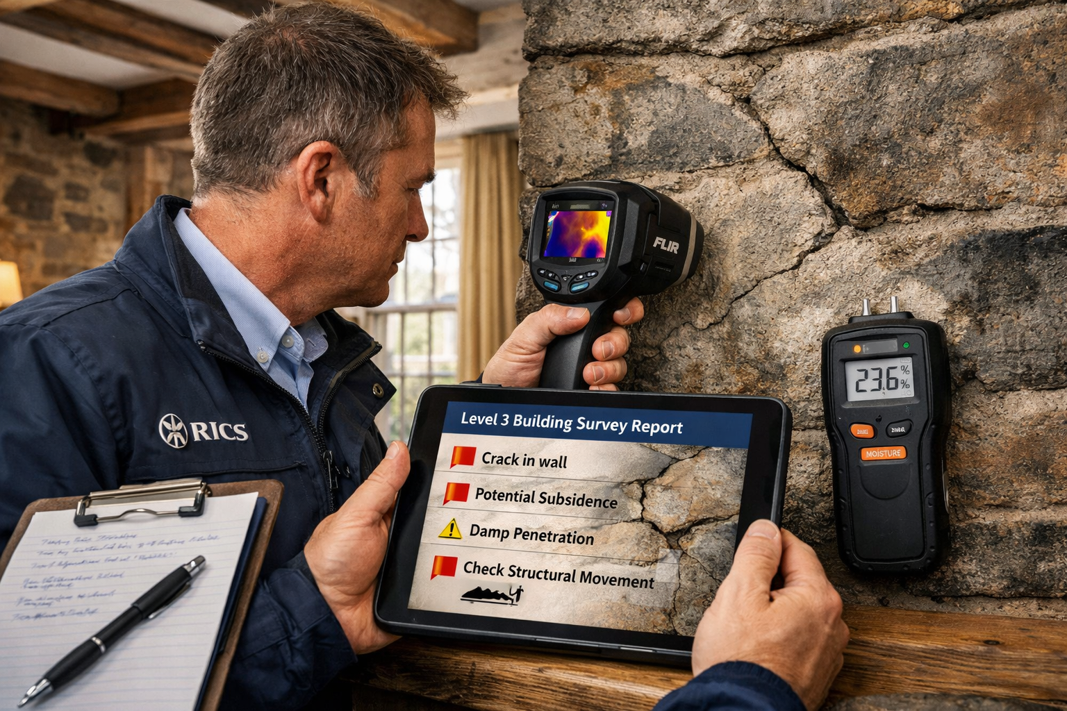 Detailed () editorial image showing close-up of RICS chartered building surveyor conducting Level 3 Building Survey