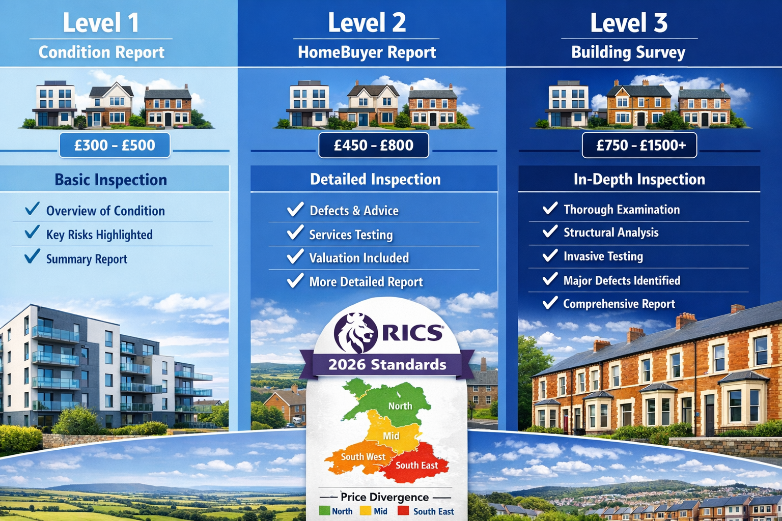 Comprehensive () infographic-style image displaying three-tier RICS survey level comparison specific to Welsh housing market