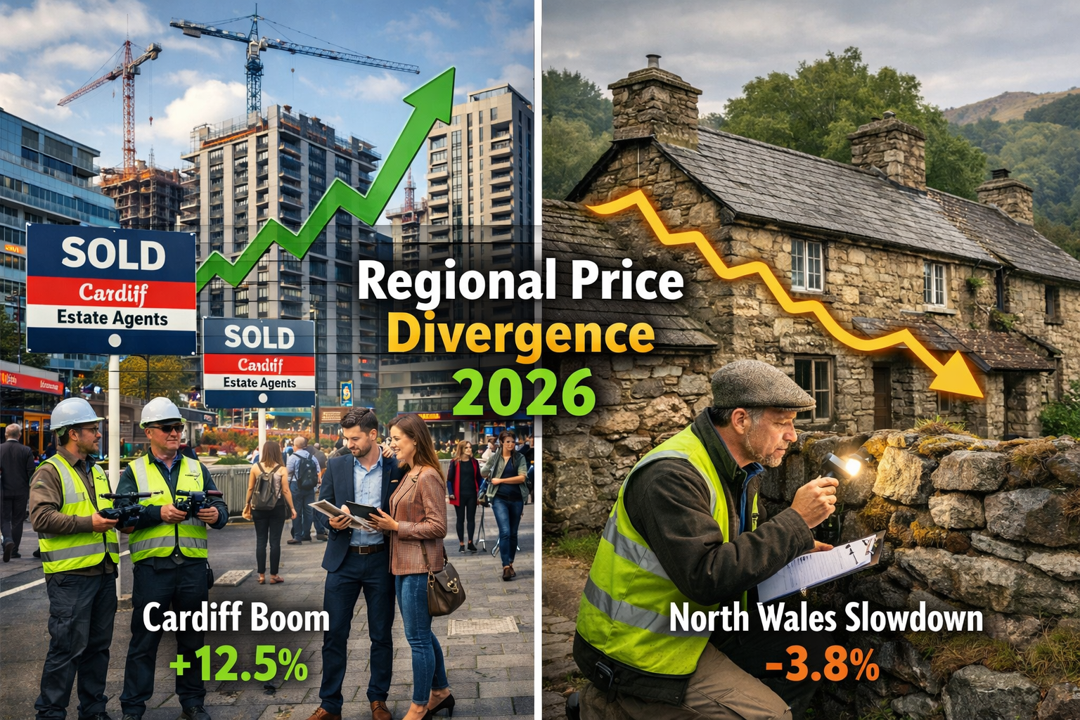 Striking () split-composition image contrasting two Welsh regional housing markets in 2026. Left half shows thriving Cardiff