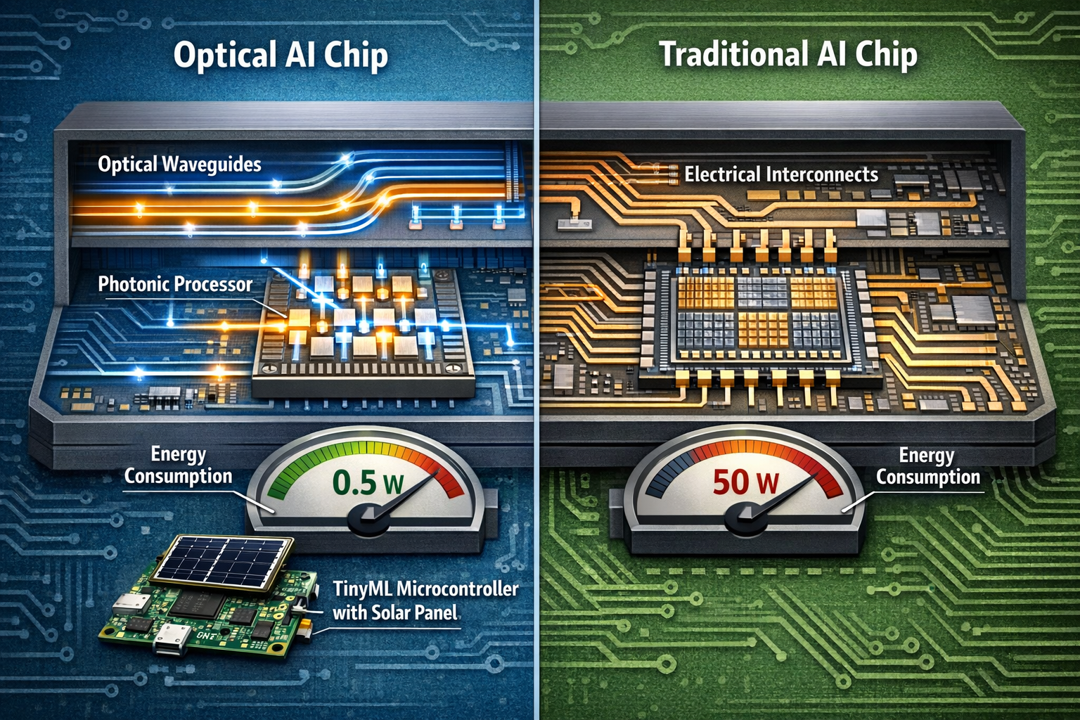 Landscape format (1536x1024) detailed technical illustration showing cross-section comparison of traditional AI chip versus optical AI chip