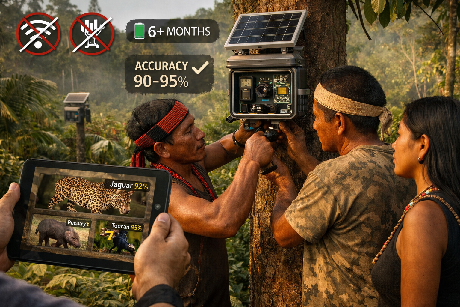 Landscape format (1536x1024) photo-realistic scene of biodiversity field deployment in underserved region showing indigenous community membe