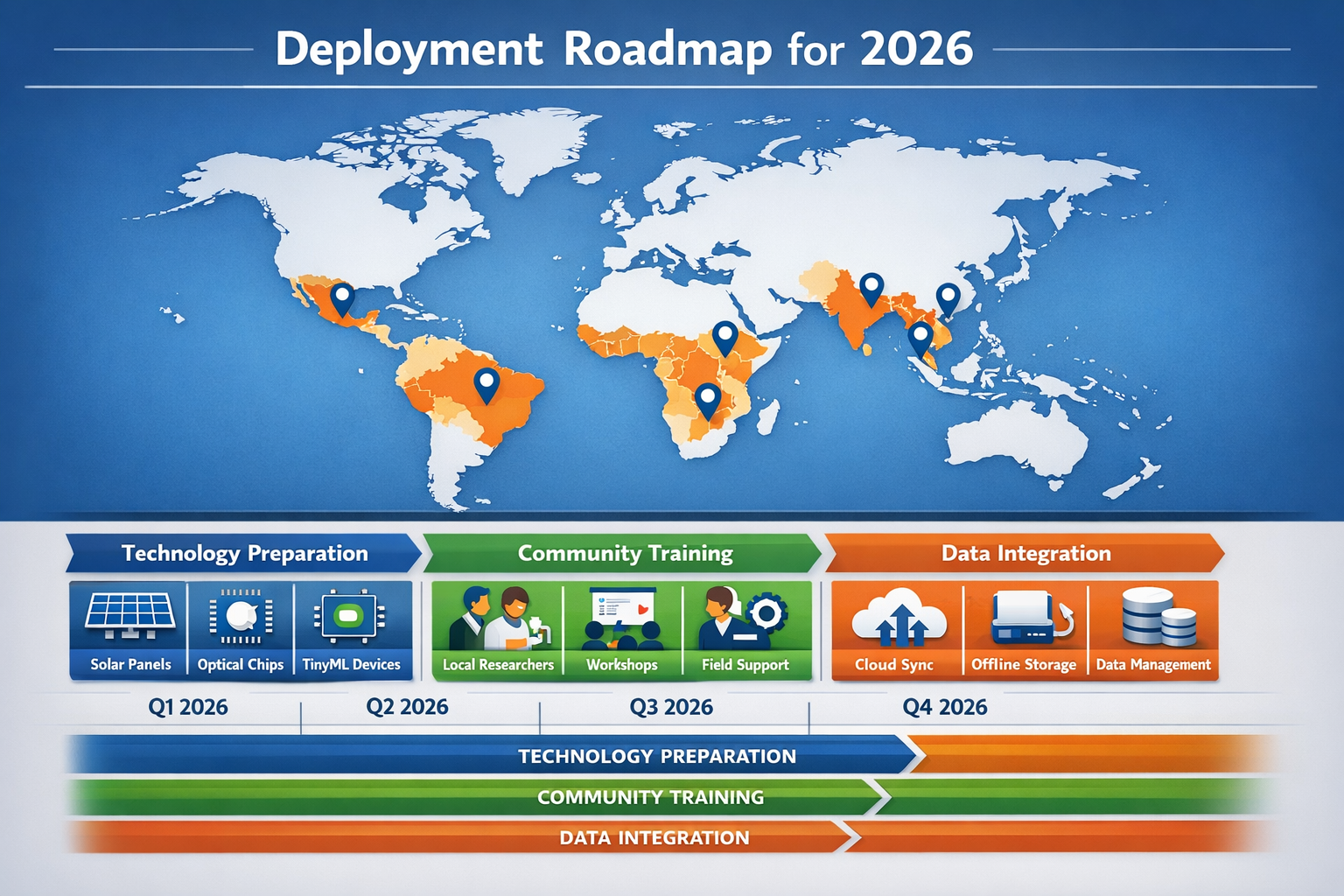 Landscape format (1536x1024) strategic planning infographic showing deployment roadmap for 2026 with three parallel tracks: Technology Prepa