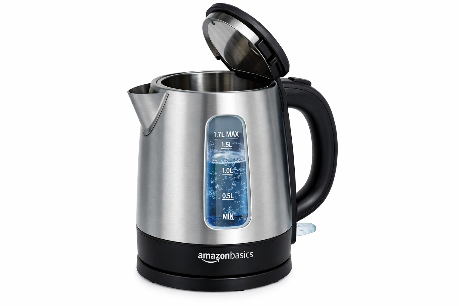 Amazon Basics Electric Kettle showing 1.7 liter capacity with water level indicator and wide opening