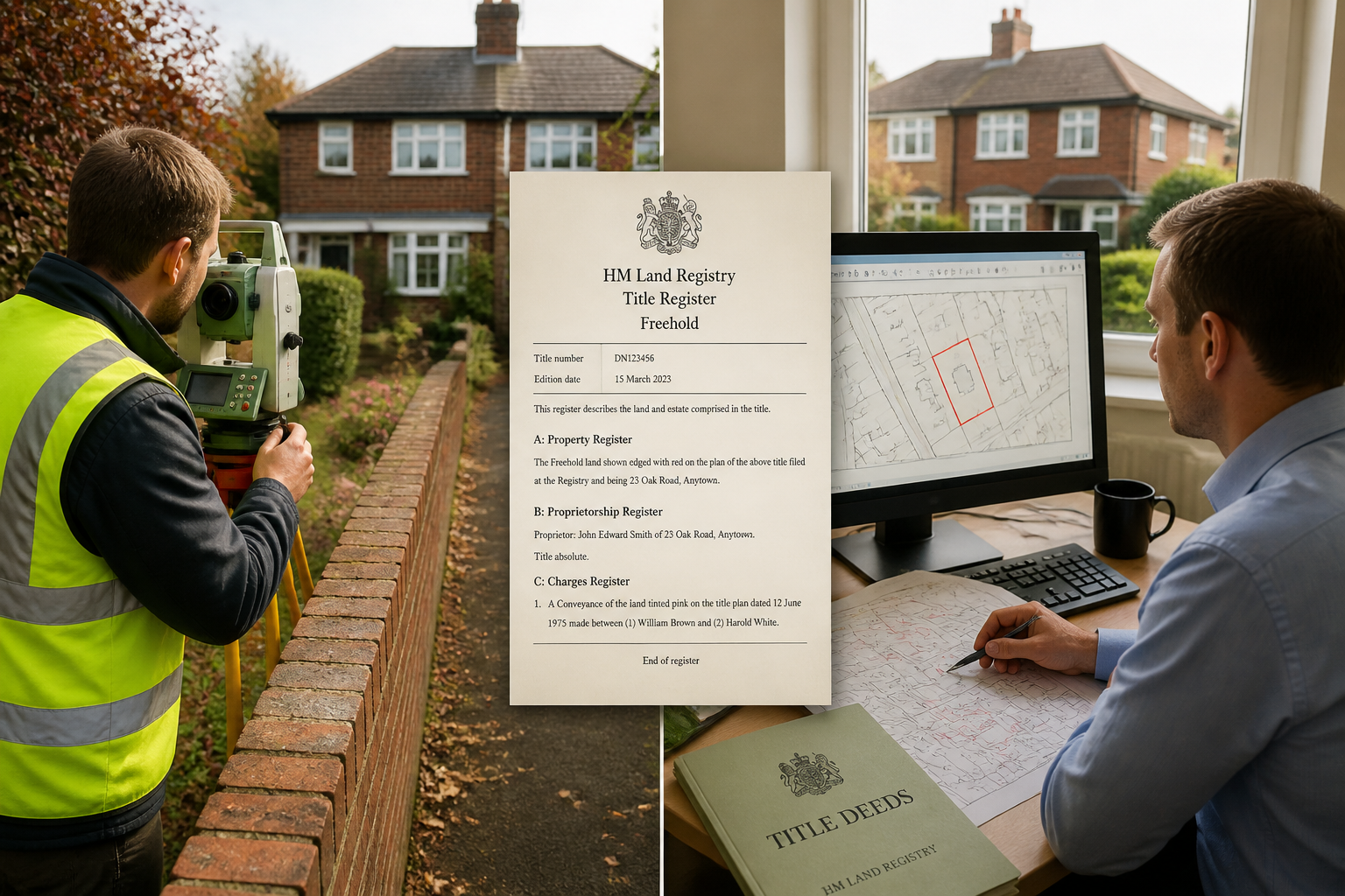 Wide () editorial illustration showing split-scene: left side depicts a building surveyor in hi-vis vest measuring a garden