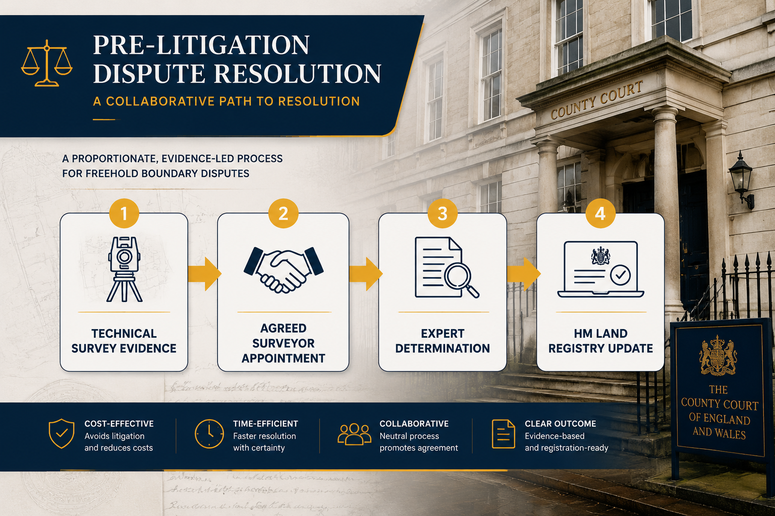 () infographic-style image showing a flowchart diagram of the pre-litigation dispute resolution process for English freehold
