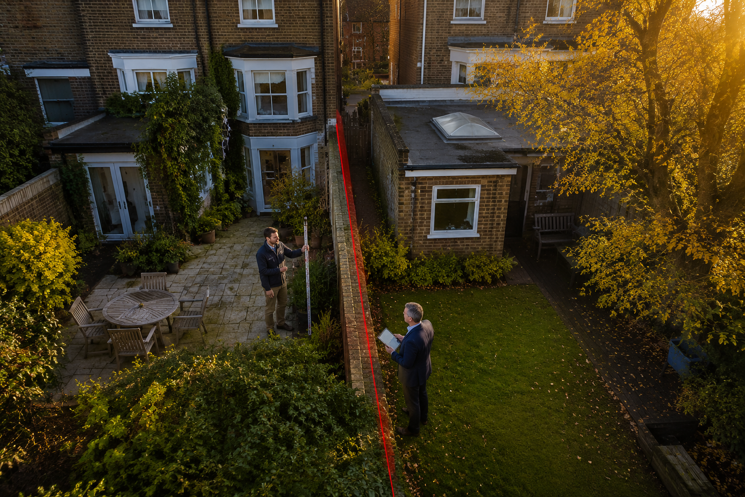 () overhead drone-perspective photograph of two adjoining English freehold properties with a disputed boundary line