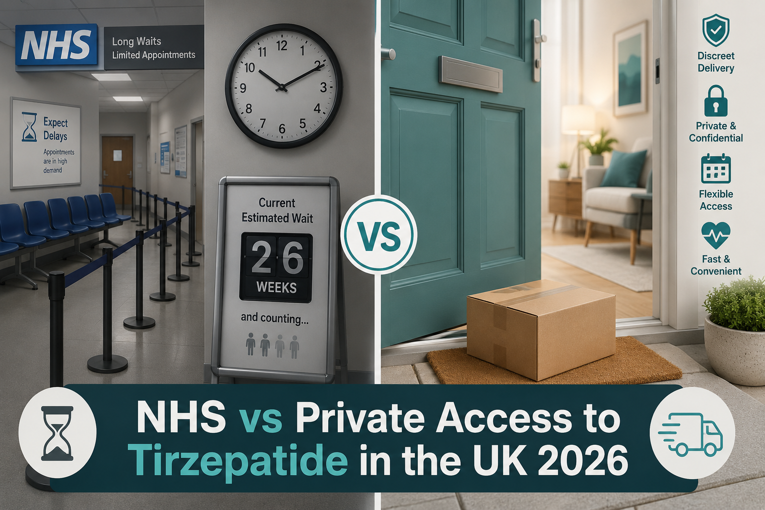 () editorial infographic illustration showing a split-scene comparison: left side depicts a long NHS waiting room queue with