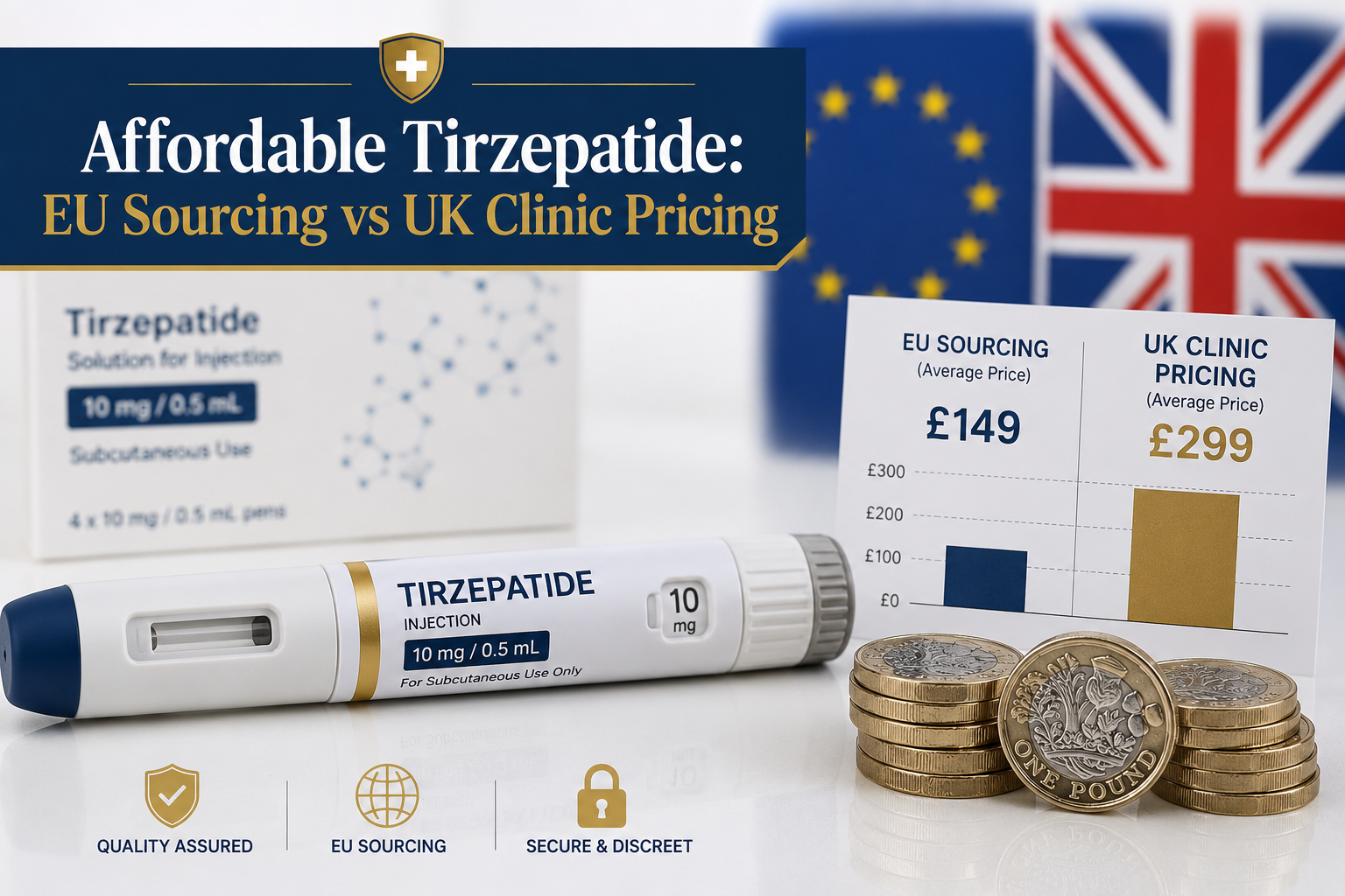 () detailed editorial image showing a close-up of a tirzepatide injection pen on a clean white surface beside a UK pound