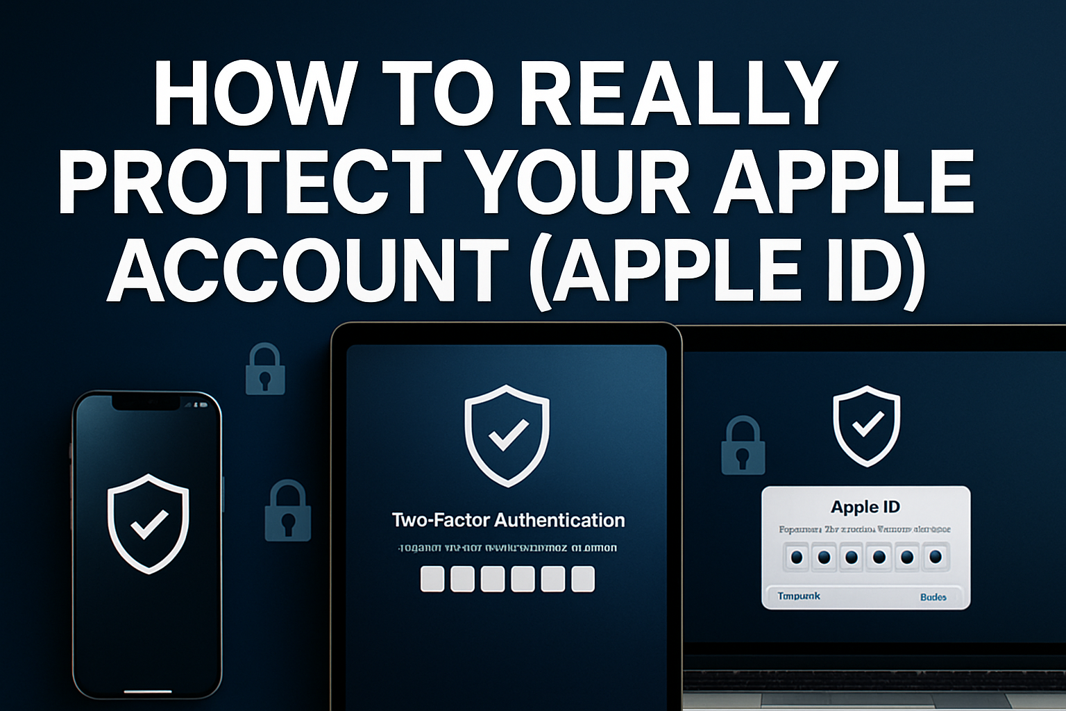 Professional landscape hero image (1536x1024) featuring bold text overlay 'How To REALLY Protect Your Apple Account (Apple ID)!' in extra la