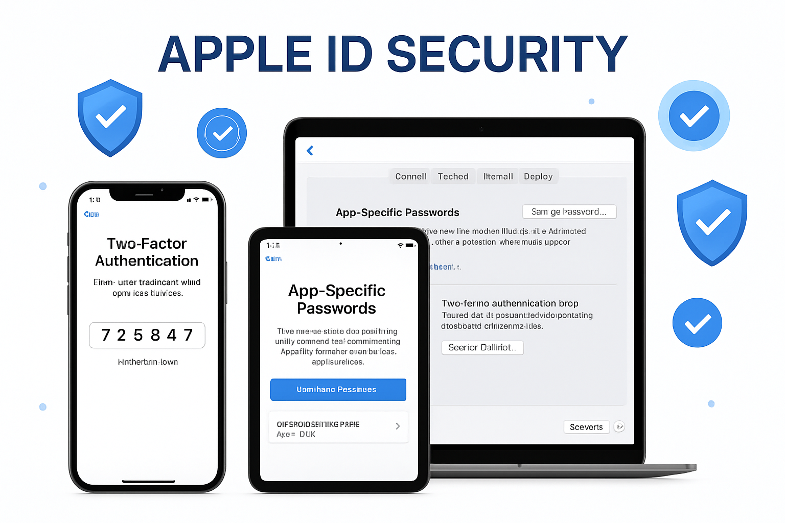 Detailed infographic showing Apple ID security layers - iPhone displaying two-factor authentication setup screen with verification codes, iP