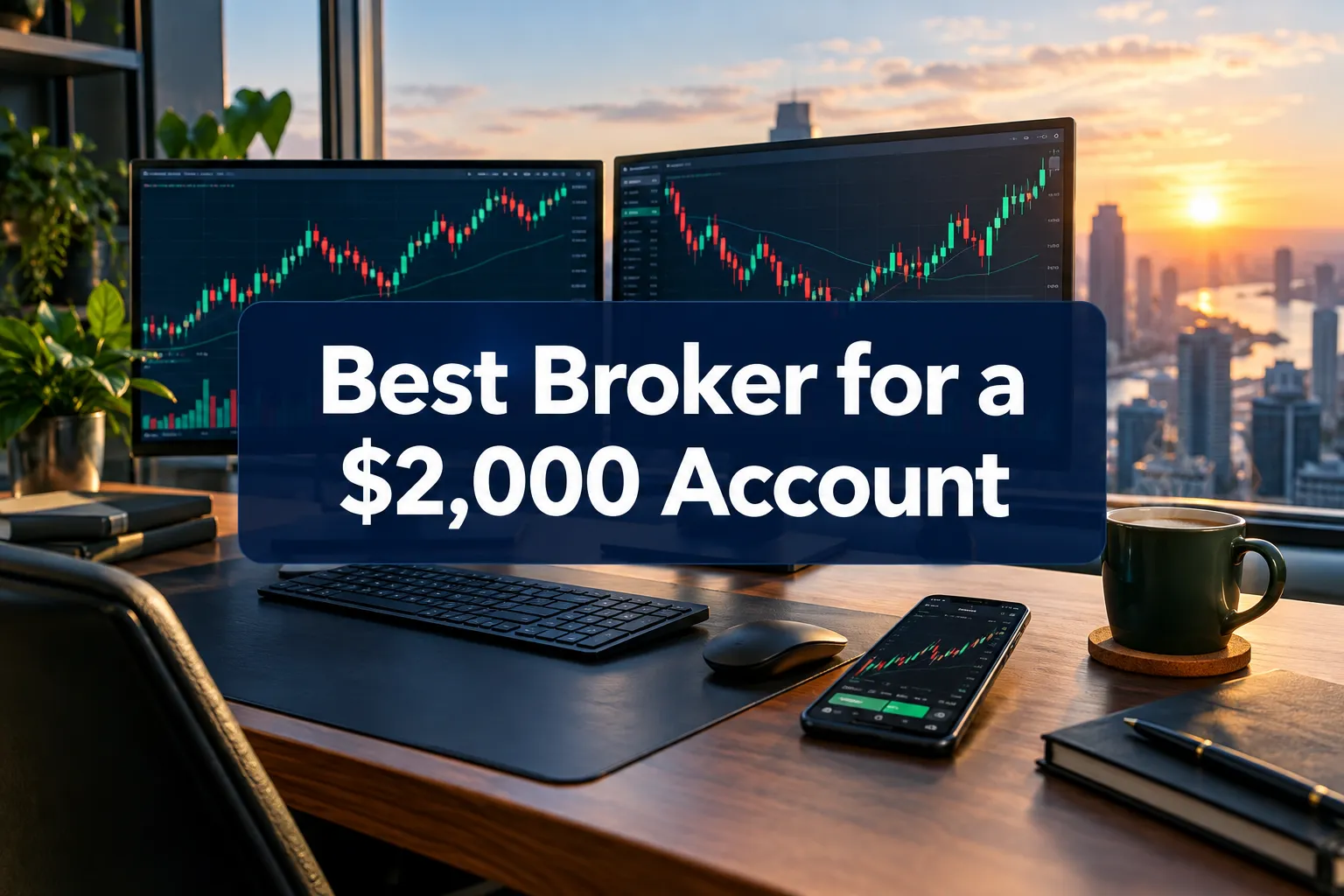 Best broker for day trading a $2,000 account cover image with a trading desk at sunrise