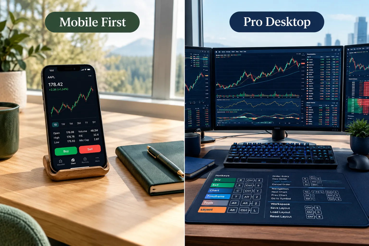Mobile-first trading app next to a pro desktop setup with a hotkey layout