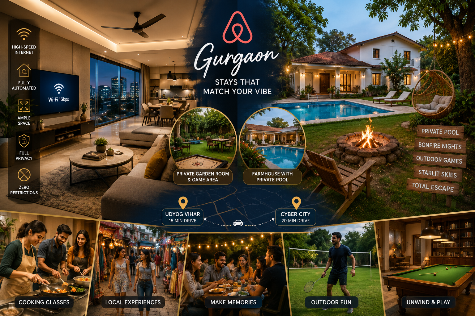 A visually rich landscape image () showcasing diverse Airbnb offerings in Gurgaon, specifically highlighting unique themed