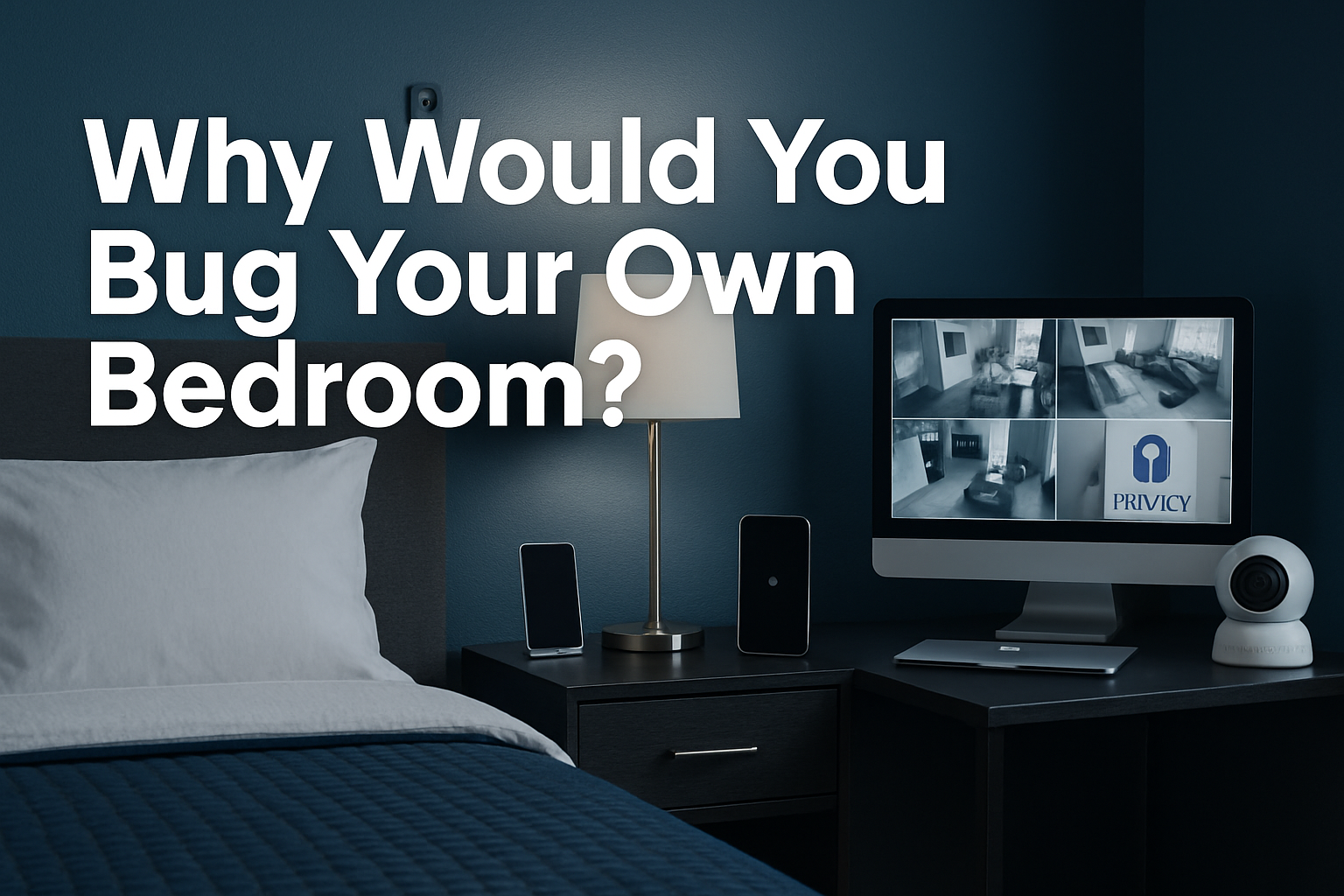Professional landscape hero image (1536x1024) featuring bold text overlay 'Why Would You Bug Your Own Bedroom?' in extra large 72...				<a href=