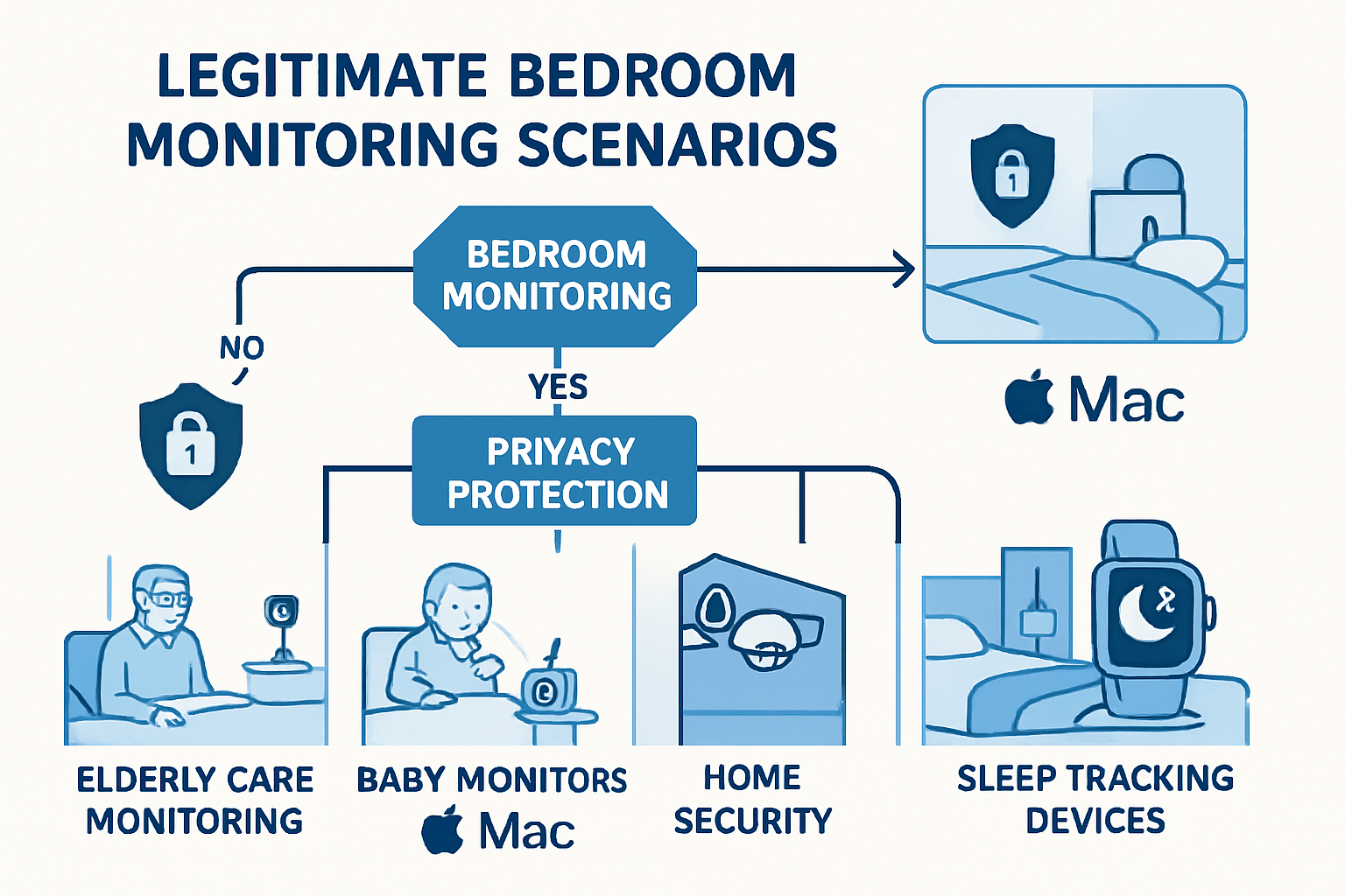 Detailed infographic showing legitimate bedroom monitoring scenarios: elderly care monitoring systems, baby monitors with Mac integration, h