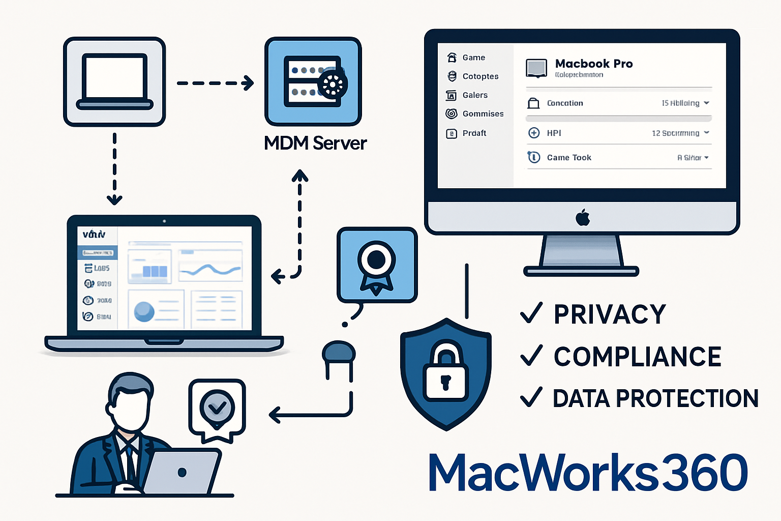 Comprehensive visual guide displaying Mac-based security infrastructure for bedroom monitoring: MDM deployment flowchart, device management 