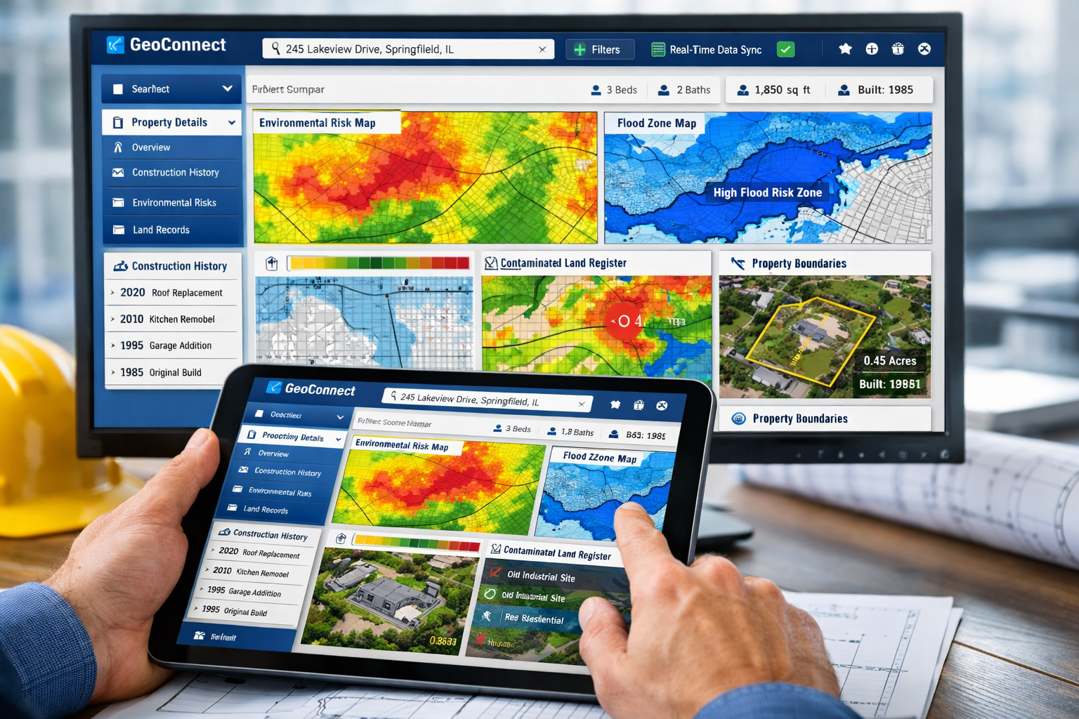 Detailed () image showing close-up view of GeoConnect digital platform interface on large desktop monitor and tablet screen,