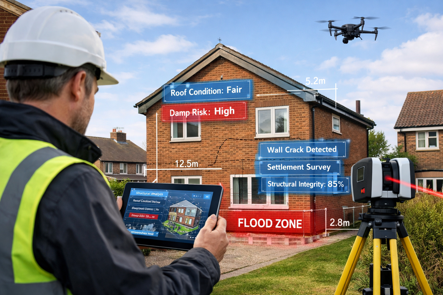 Wide-angle () photograph of residential property exterior being surveyed with visible technology integration: surveyor in
