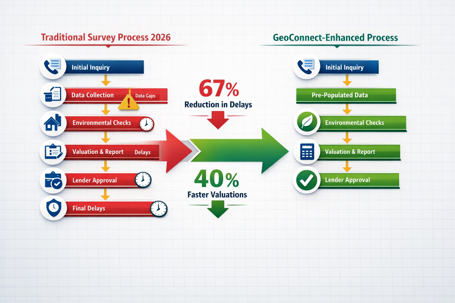 Detailed () split comparison infographic showing two parallel timelines: left side labeled 'Traditional Survey Process 2026'