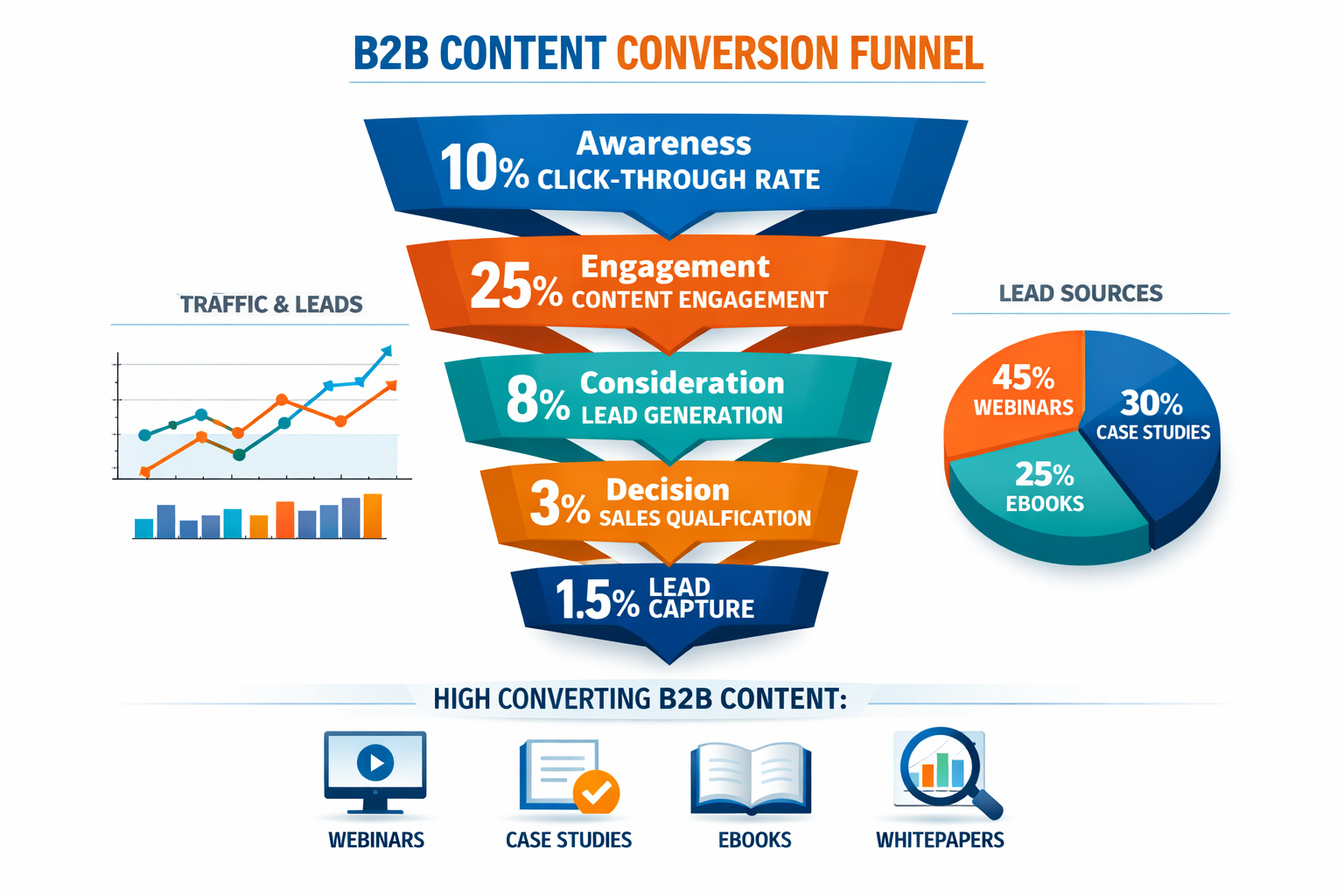 Modern infographic showing B2B content conversion funnel with stages from awareness to lead capture, featuring percentage conversion rates a