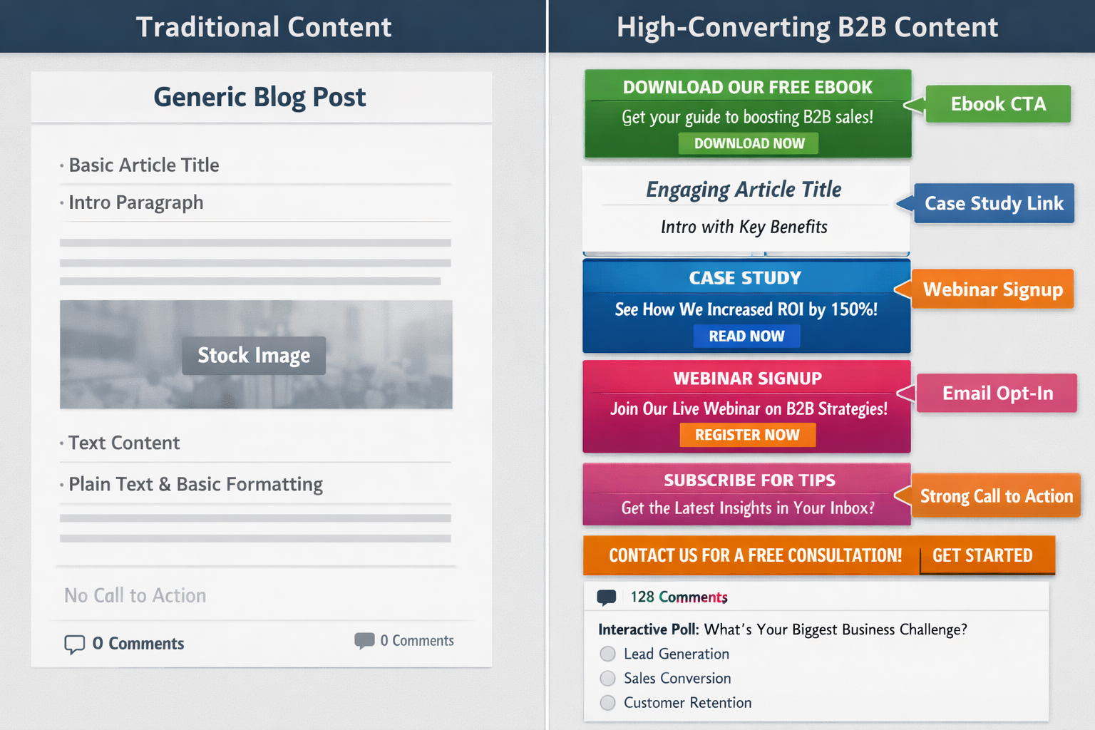 Split-screen comparison visual showing traditional content vs high-converting B2B content elements, left side showing generic blog post layo