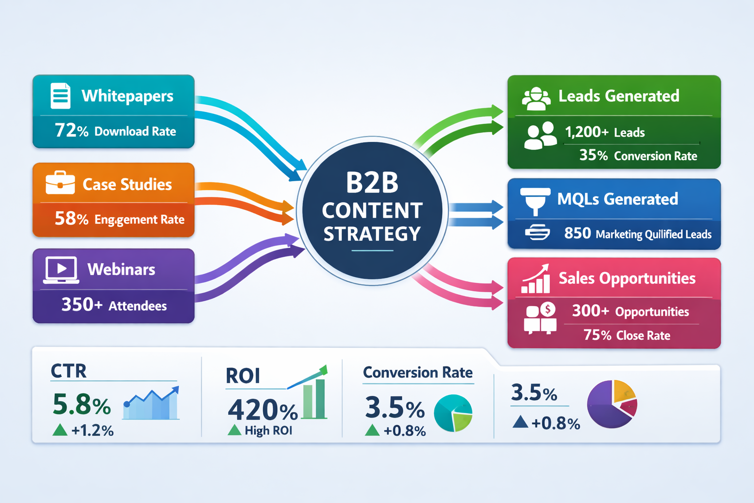 Interactive content strategy diagram displaying various B2B content types (whitepapers, case studies, webinars) connected by flowing lines t