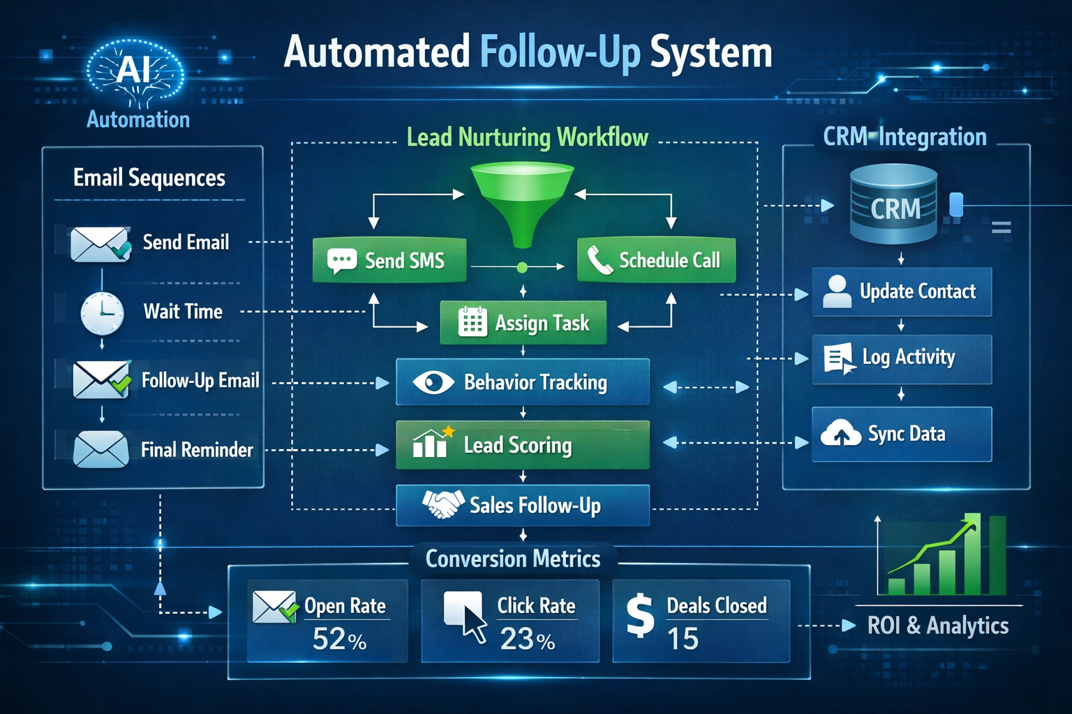 Automated follow-up system visualization showing email sequences, CRM integration, and lead nurturing workflows in a flowchart format, featu