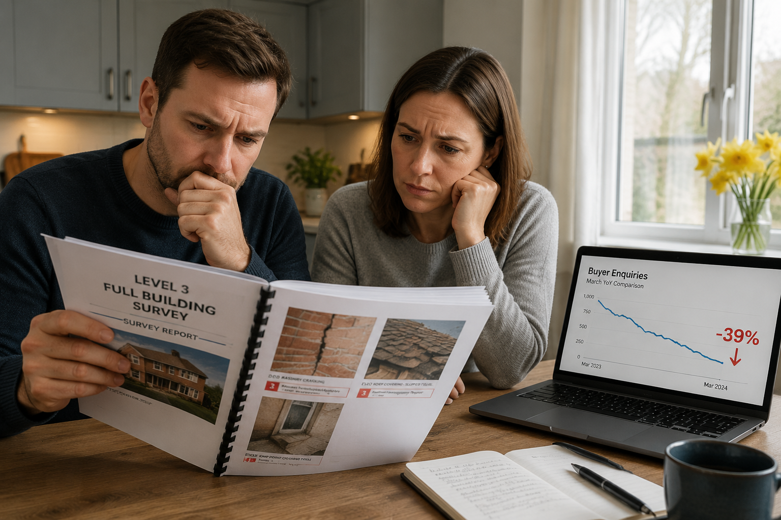 Wide-angle editorial photograph of a concerned house buyer couple reviewing a thick Level 3 full building survey report