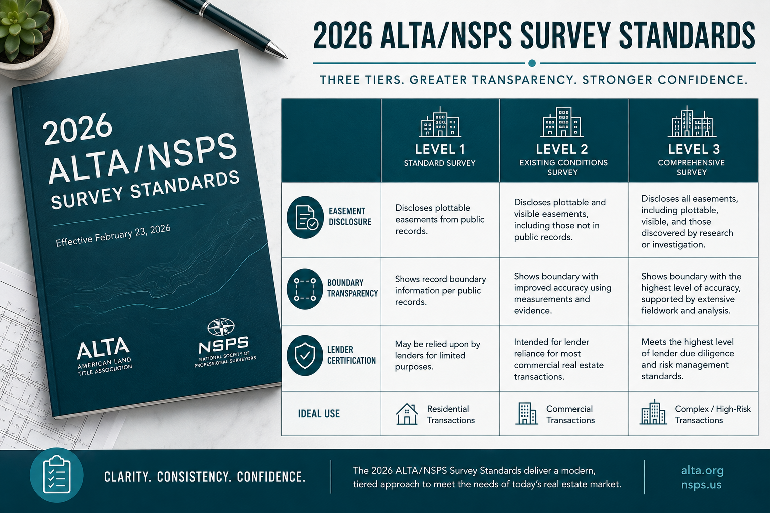 Flat-lay infographic style editorial image showing the 2026 ALTA/NSPS survey standards document beside a structured