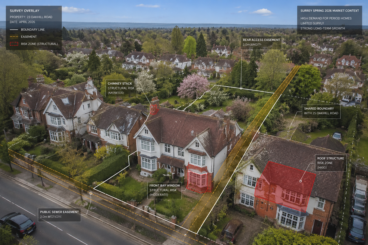 Aerial drone perspective photograph of a row of traditional British period properties in a leafy Surrey suburb, overlaid
