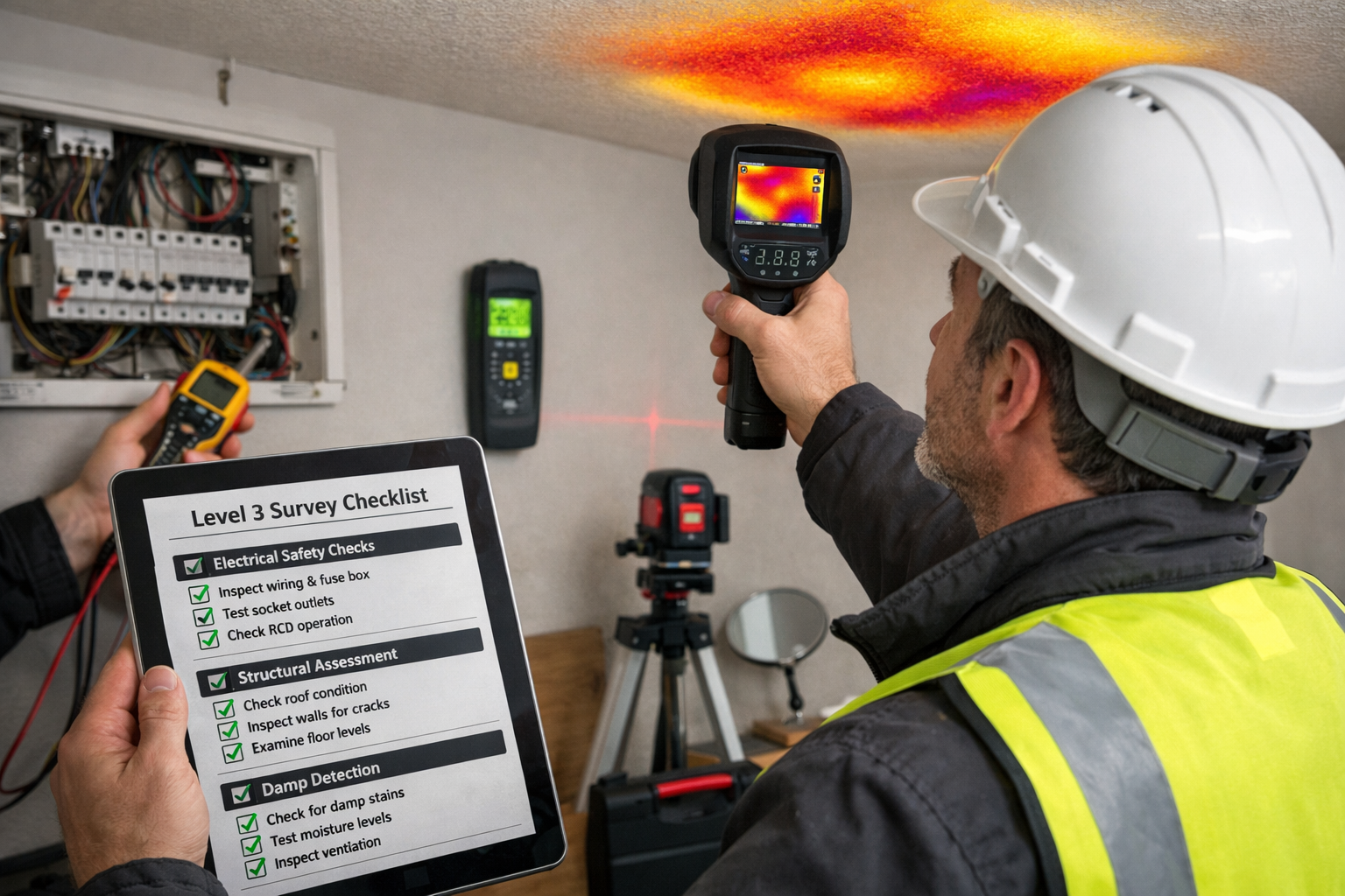 Detailed () image showing professional chartered surveyor conducting Level 3 building survey in private rental property.