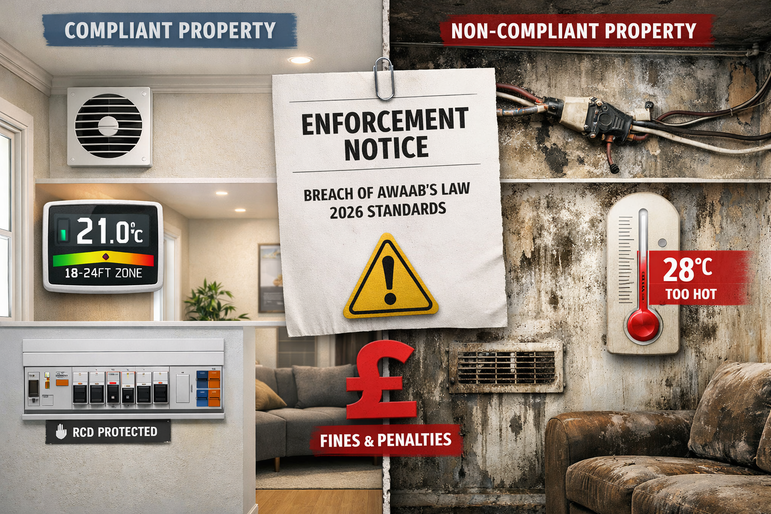 Detailed () image showing side-by-side comparison of compliant versus non-compliant private rental properties under Awaab's
