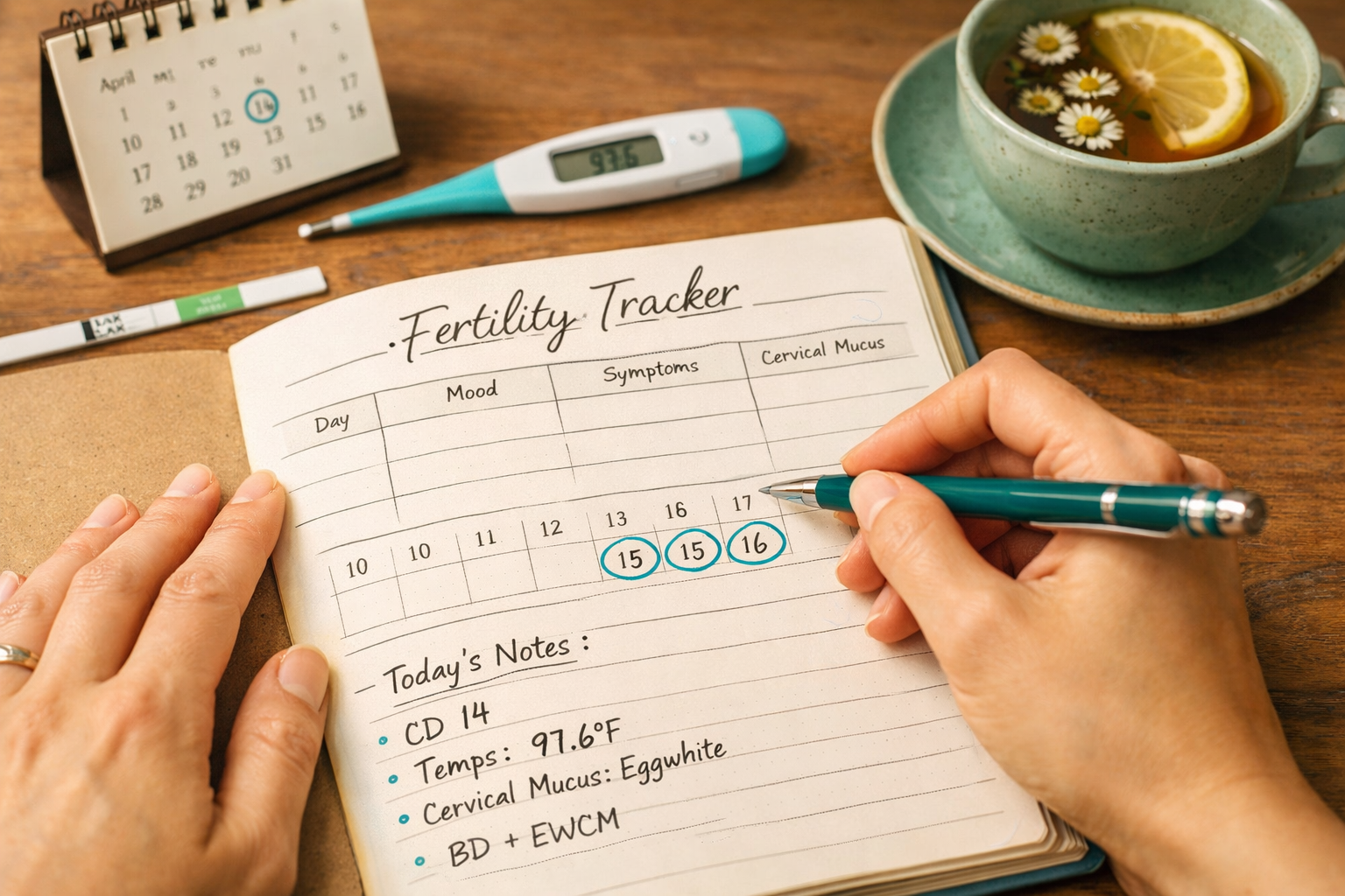 () close-up overhead shot of a woman's hands writing in a fertility tracking journal on a wooden desk, surrounded by an