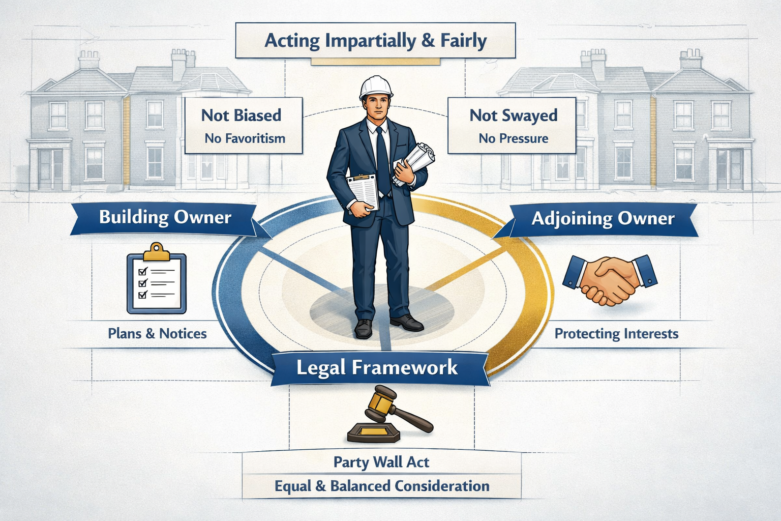 () detailed illustration showing a professional surveyor in business attire standing at the center of a circular diagram